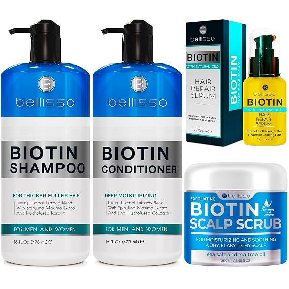 BELLISSO Biotin Scalp Scrub, Shampoo, Conditioner & Hair Serum Set for Men & Women - Thickening, Repairing, Volumizing - Unscented - 42.45 Fl Oz