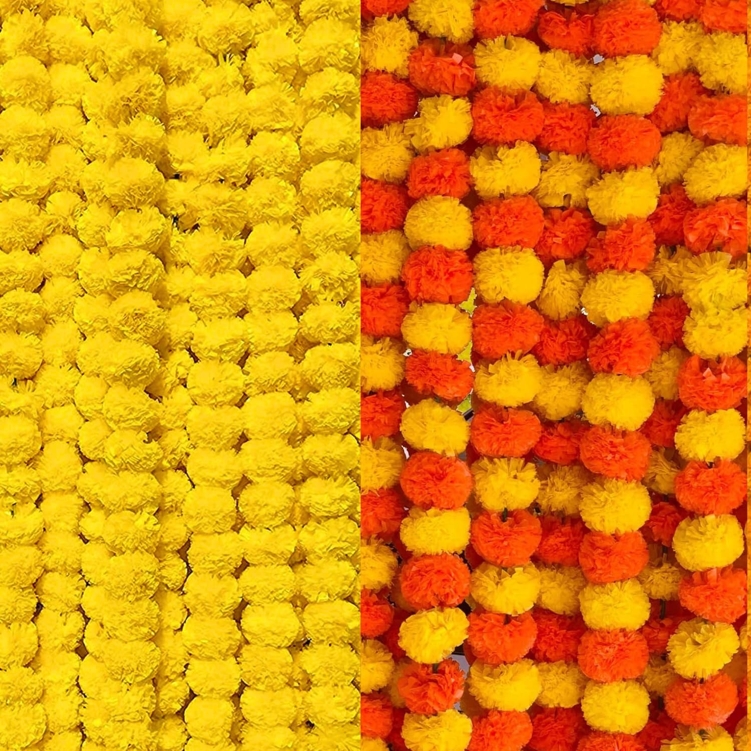 DRYPHON Artificial Flowers for Decoration, Marigold Garlands Decoration, Diwali Decoration Items for Home Decor, Pooja Room Decorations, Ganpati Decoration Combo Pack of 10 (5 Multicolor and 5 Yellow)