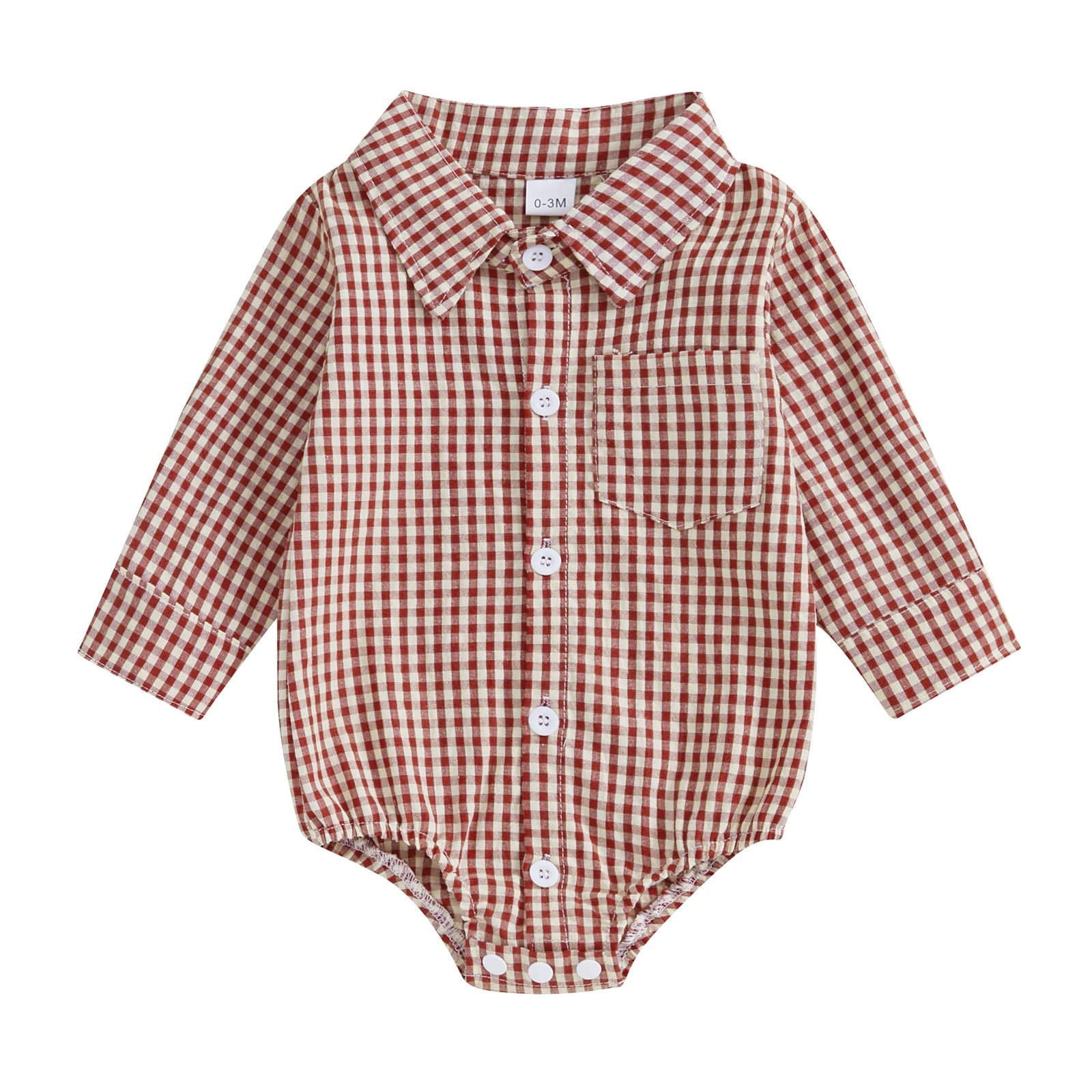 Baby Plaid Romper Boys Girls Button Down Bodysuit Long Sleeve Lapel Neck Tops Fall Winter Festival Clothes (Red, 3-6 Months)