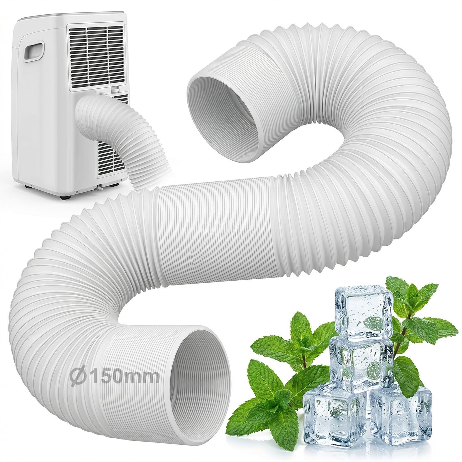 Tuyau de Climatiseur Mobile 150 mm, 2 m Tuyau Evacuation Extensible, Conduit Flexible avec Renfort Métallique, Remplacement Rallonge Tube pour Mini Climatiseur Mobile, Filetage à Gauche