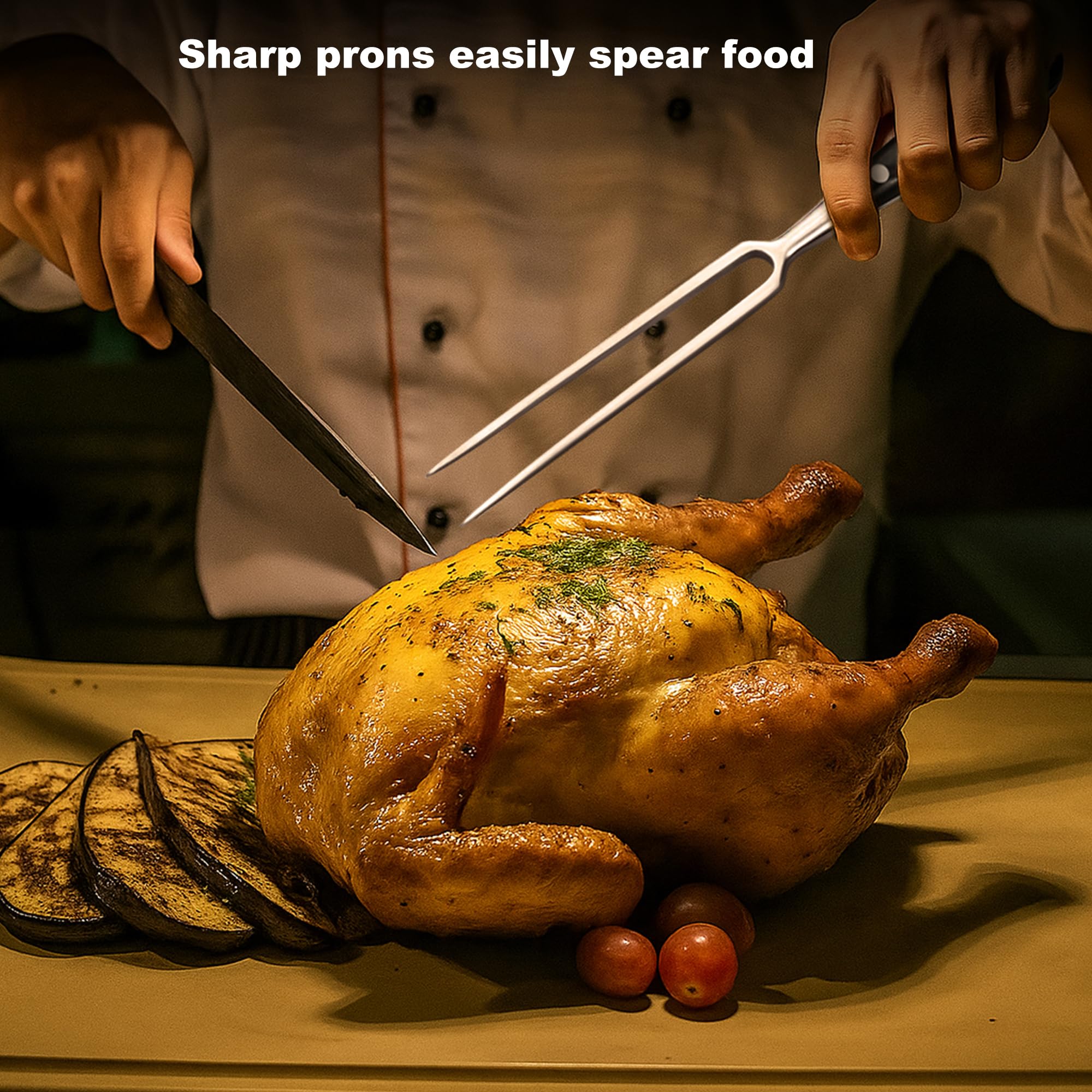 Grande fourchette à viande avec poignée en bois, 30 cm en acier inoxydable à deux dents pour la cuisson de la viande, kitcen, barbecue, poulet, dinde, bœuf, noir
