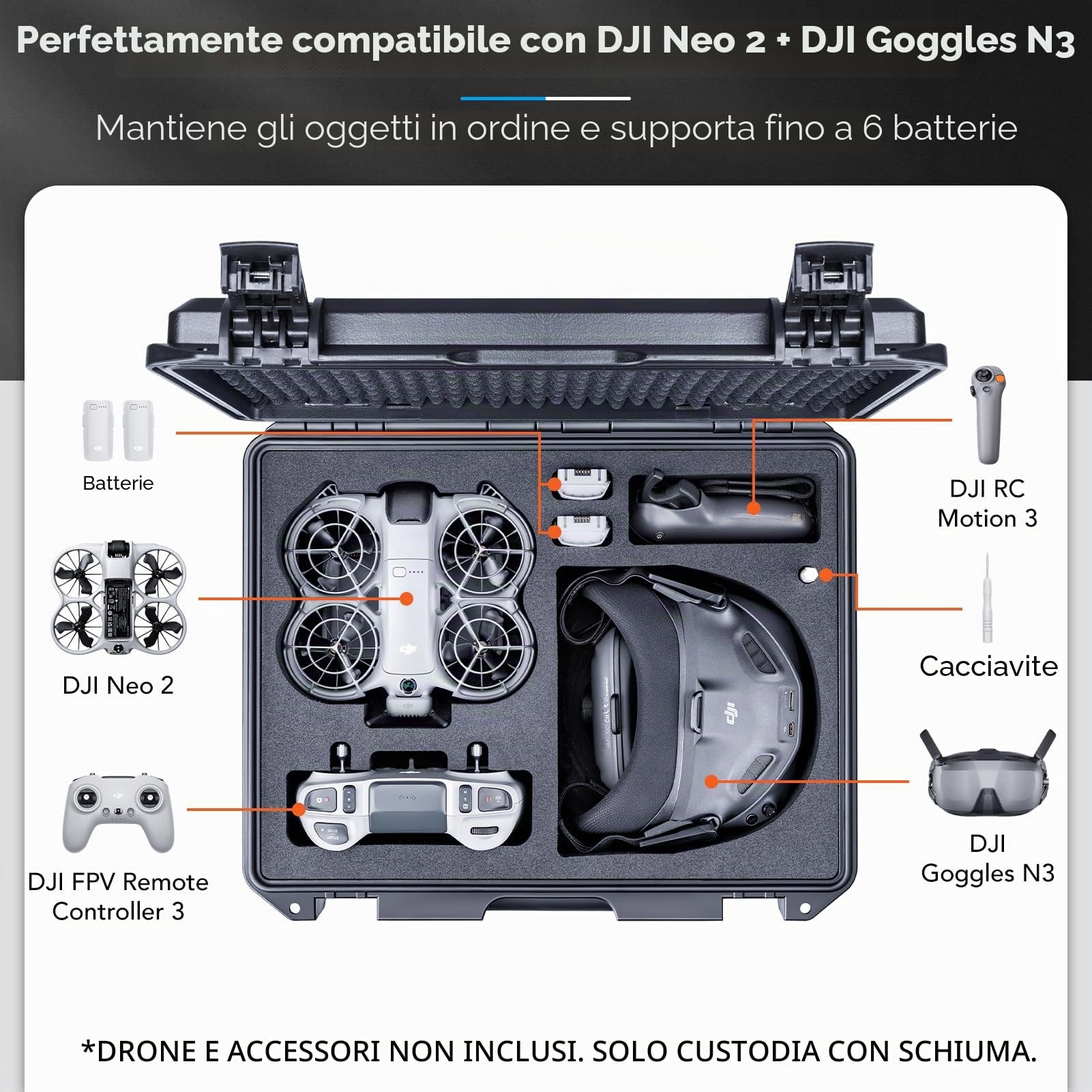 Lykus Titan N210 Valigia Custodia Case impermeabile per DJI Neo 2 Motion Combo, Goggles N3/3,RC Motion 3,FPV telecomando 3, supporta fino a 8 batterie [SOLO VALIGIA] | Solo custodia, adatta a Motion Fly More Combo, impermeabile IP67, antiurto, schiuma pre