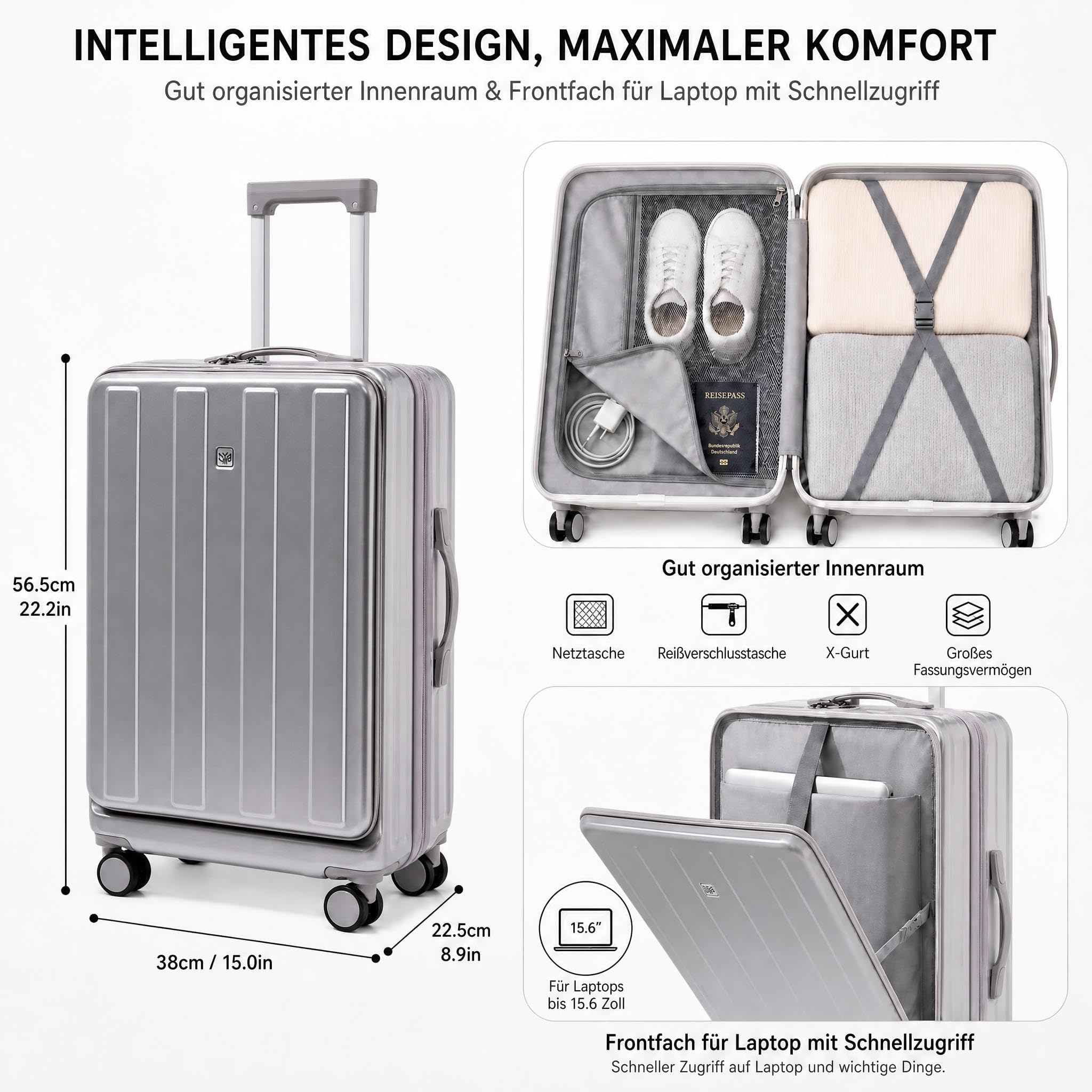 Valigia trolley a mano valigia cabina leggera rigida con porta bevande, scomparto per laptop e lucchetto TSA, ideale per viaggi e viaggi d'affari, 20 pollici, argento, Mini, Classico