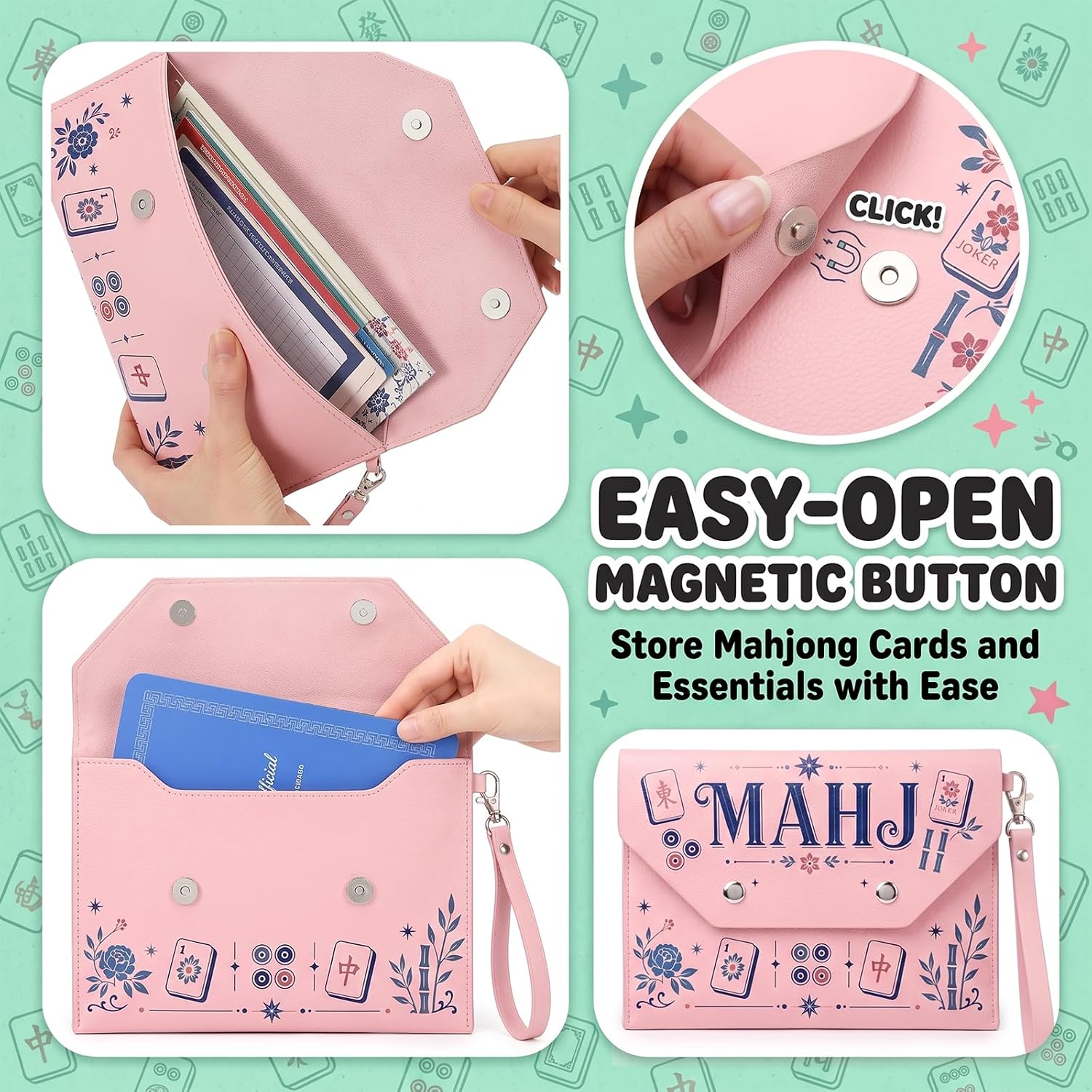 1 Pack Pink Mahjong Card Holder, Faux Leather with Magnetic Closure for Reference Sheets, Rules, and Dice, Ideal for Travel, Club Games, and Daily Storage image 4