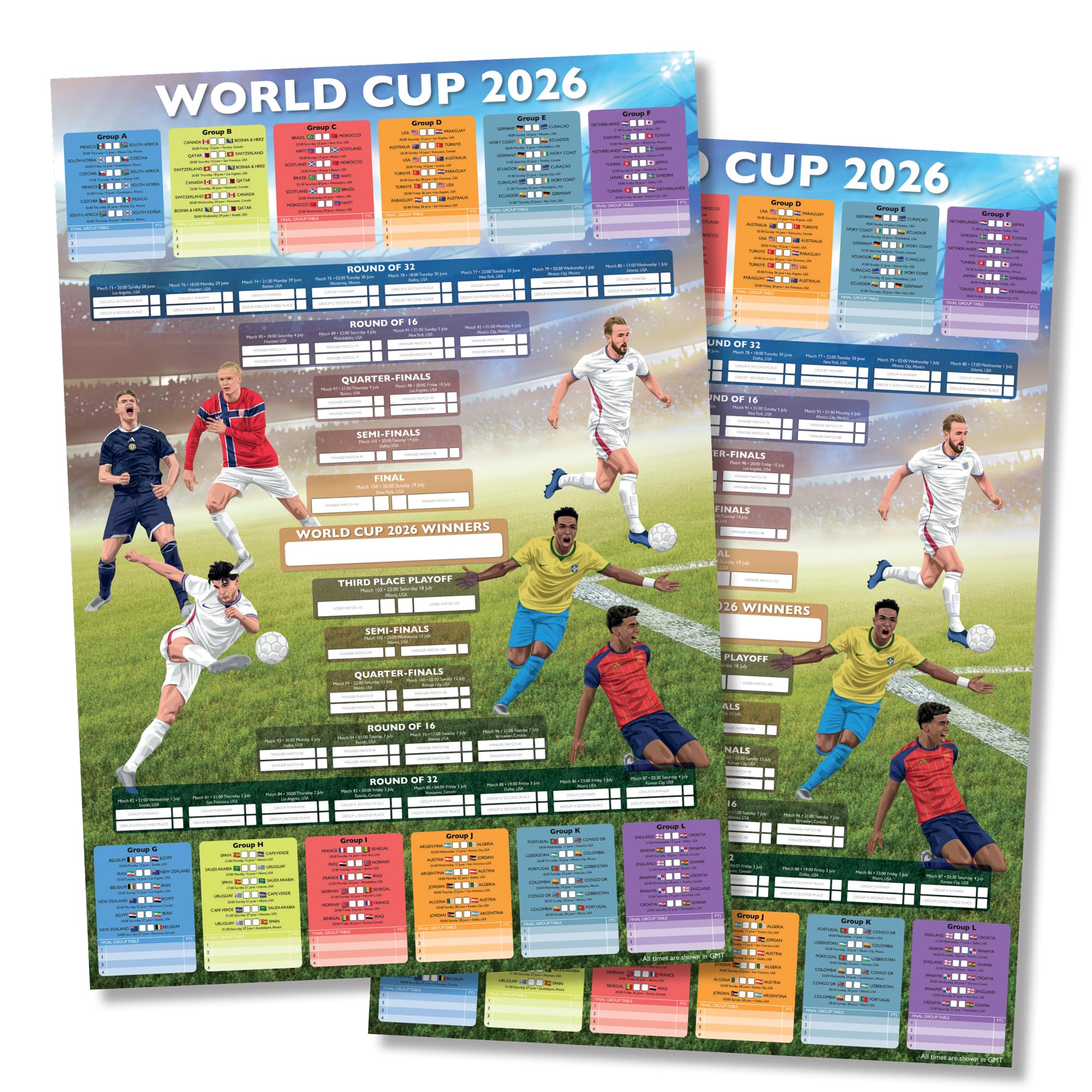 World cup wall chart 2026. World Cup Chart. UK Timings. A2 Poster Twin Pack. Includes details for every game with space to write results. Designed and printed in the Uk