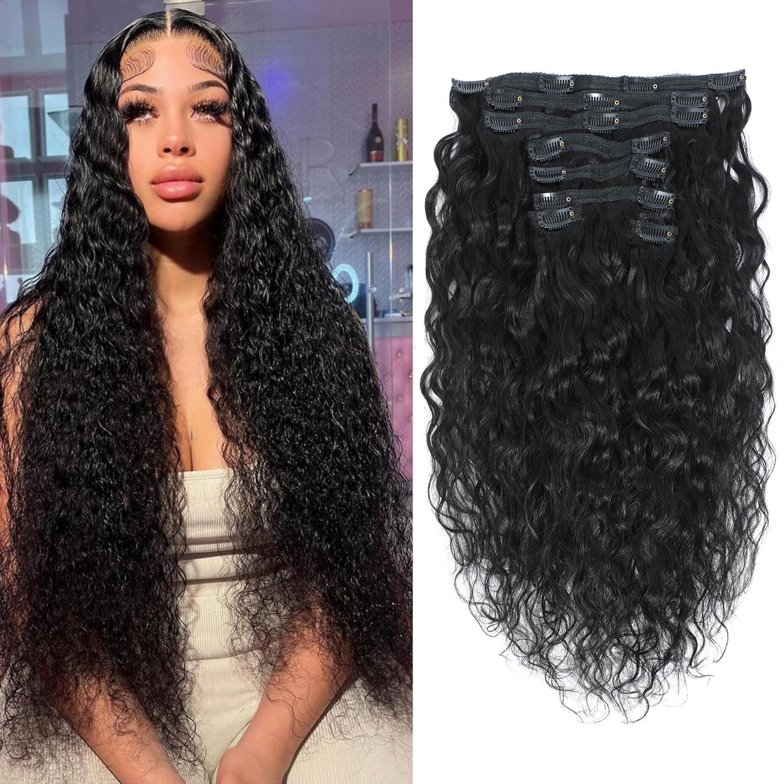 Clip in Hair Extensions Water Wave Natural Curl 100% Unprocessed Brazilian Human Hair Wavy Hair for Black Women (22")
