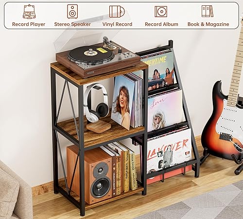 Miniatura 4 de Y&M Soporte para tocadiscos con almacenamiento de vinilo, estante para discos de vinilo con capacidad para hasta 200 álbumes, mesa giratoria de 3