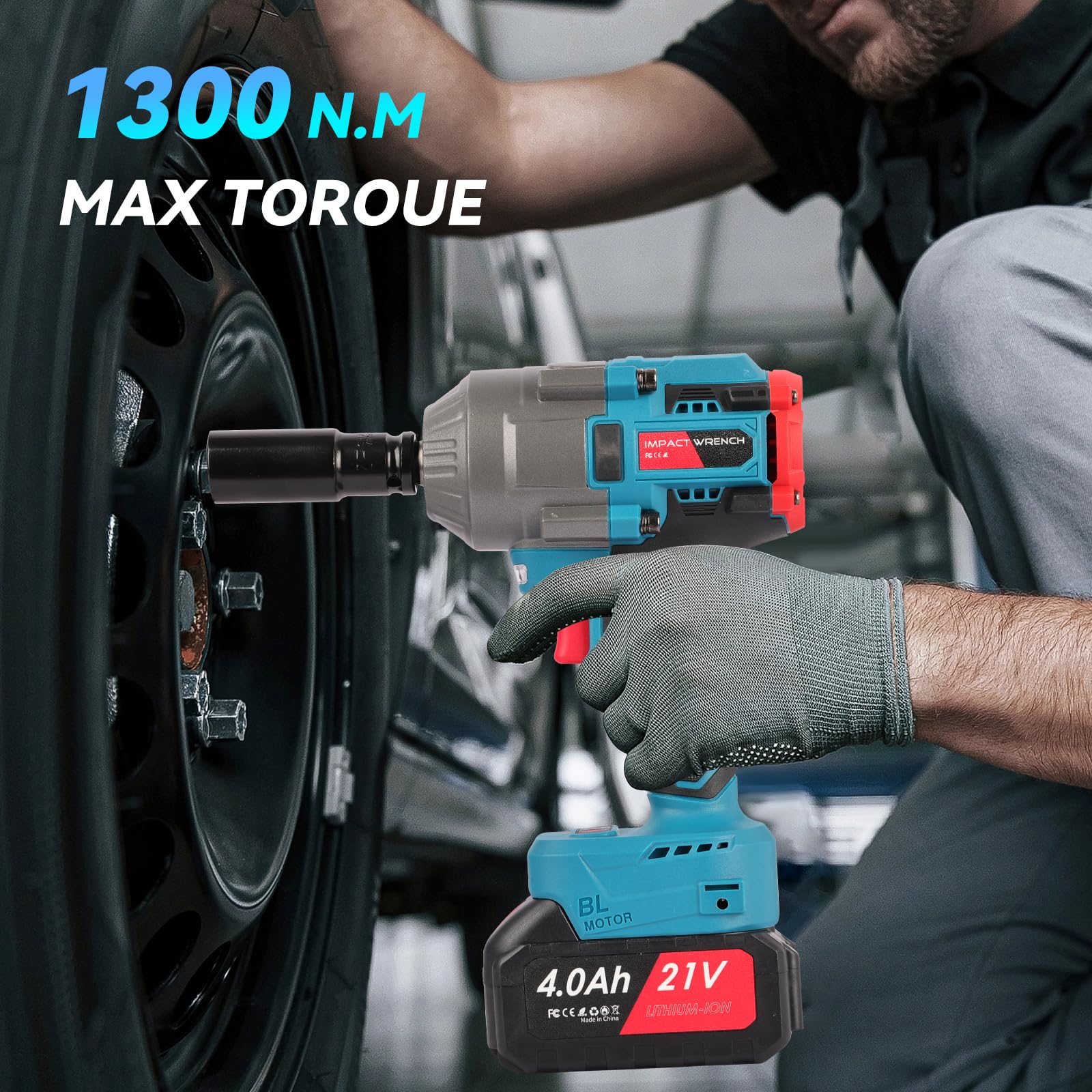 Nexalite Clé à Chocs sans Fil 1300 N.m: Visseuse à Chocs Brushless 21V avec 2 Batteries 4.0Ah, Boulonneuse Électrique Professionnelle avec 6 Douilles, pour Voiture Pneu Réparation