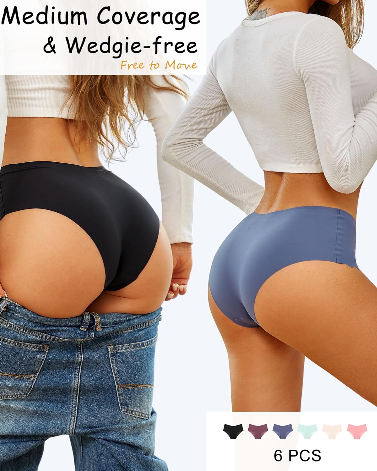 Sth Big High Waisted Seamless Underwear for Women No Show Panties Cheeky Scalloped Edge Bikini Breathable Briefs 6 Pack - Image 3