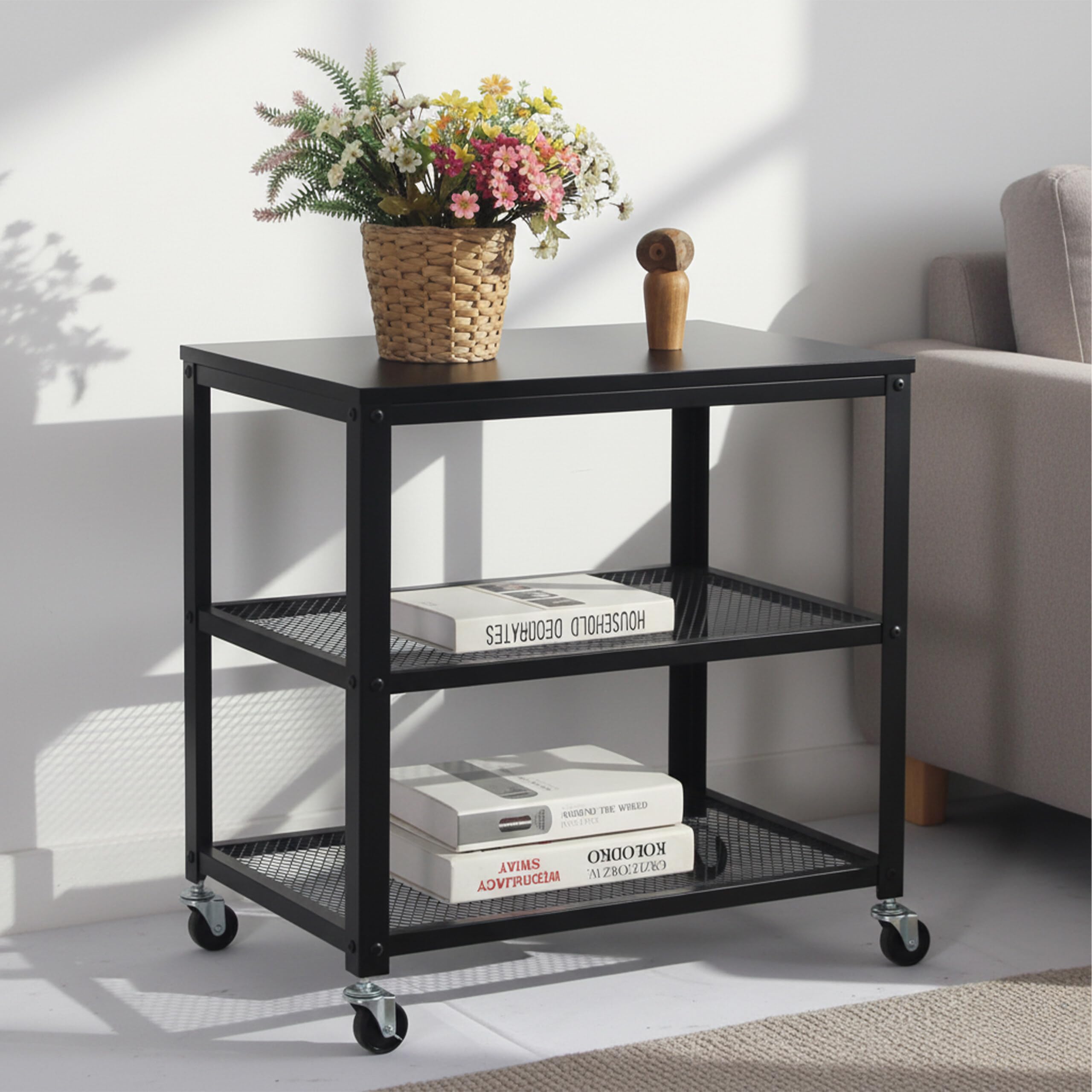 Carro Relaxdays, 3 estantes, Cocina y salón, Medidas H x B x T: 61 x 60 x 40 cm, Carro móvil con Ruedas, Negro