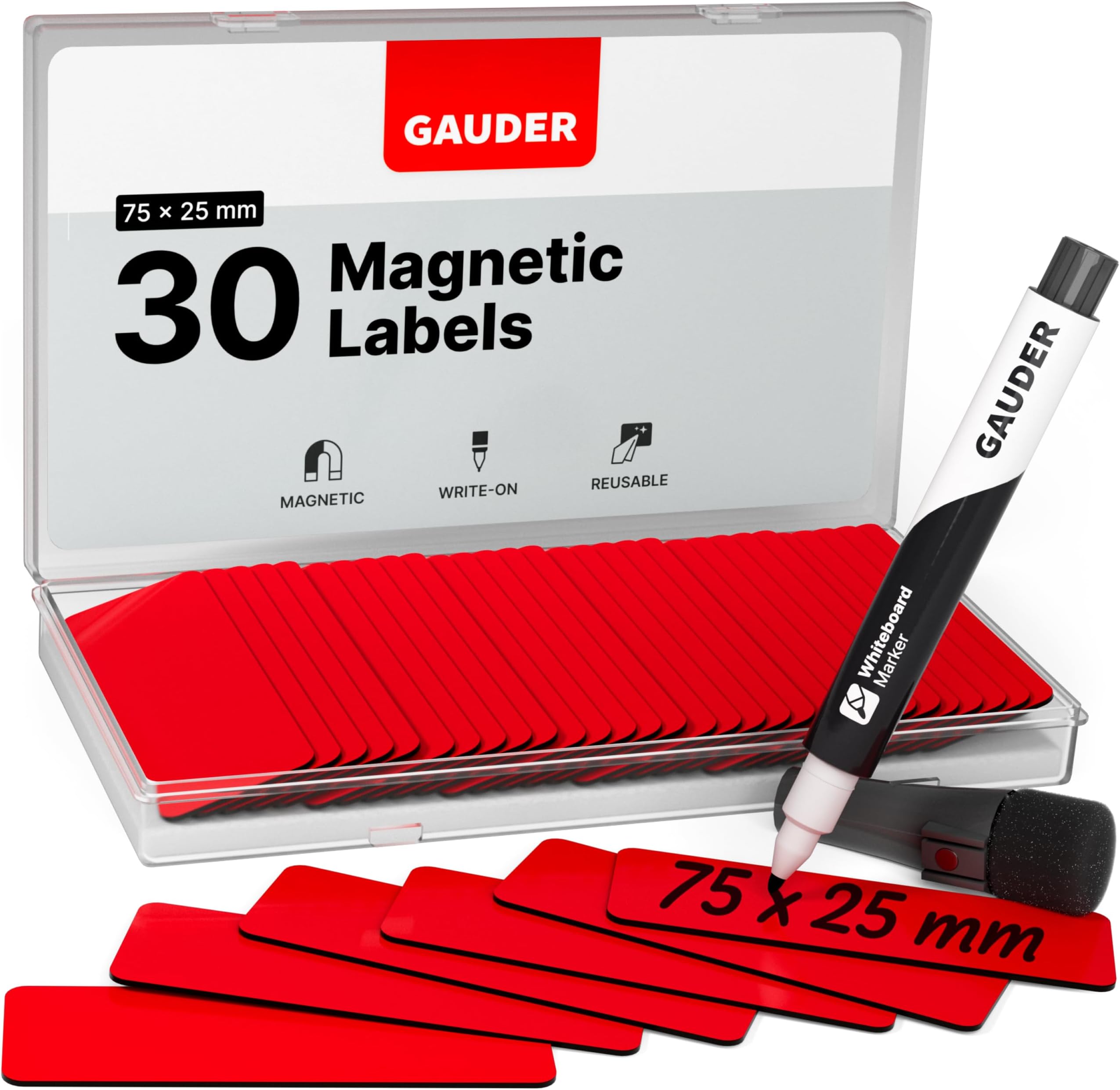 GAUDER Magnetic Labels Writable - Reusable Magnetic Tags for Whiteboard, Blackboard, Kanban Board and Fridge - Magnet Cards with Marker (30 Pieces - 75 x 25 mm)