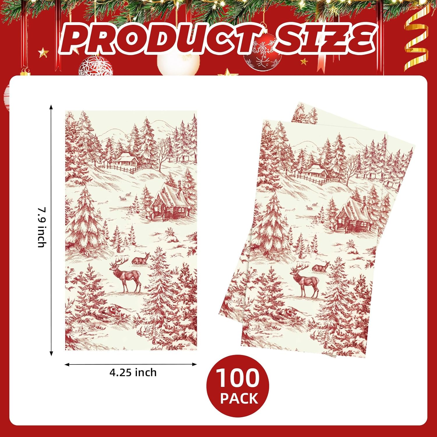 Epakh 100 Pcs Christmas Toile Napkins Disposable Christmas Red Bathroom Guest Hands Towels Rustic Vintage Country Toile Tissue Paper Napkins 2 Ply for Home Party Holiday Decorations, 7.9 x 4.3 Inch