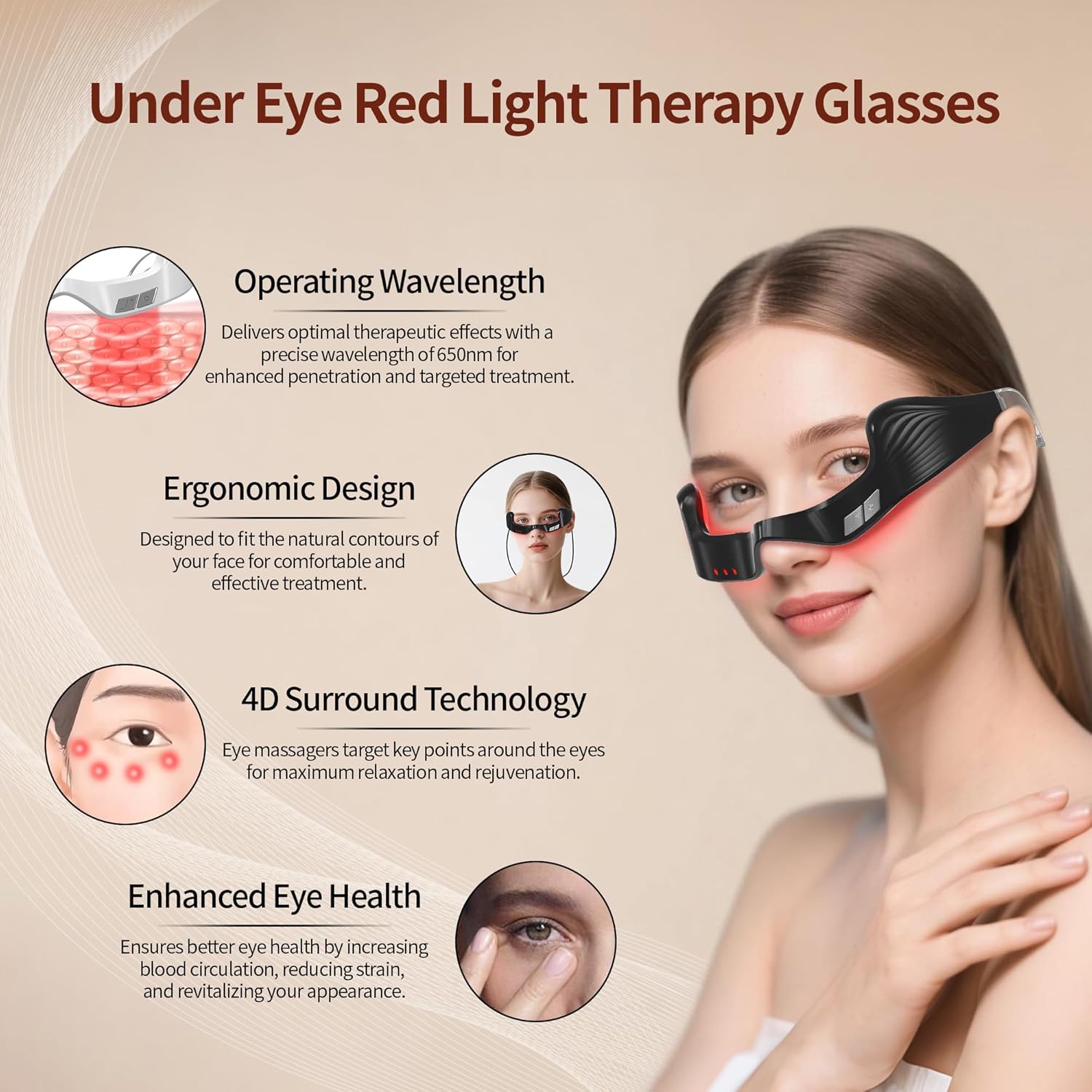 Under Eye Red Light Therapy Device, 650nm Red Light Therapy Eye Massager for Relieve Eye Bags, Eye Fatigue, Dark Circles, with Glasses Strap, Light-Weight, Hands-Free Use (Black)