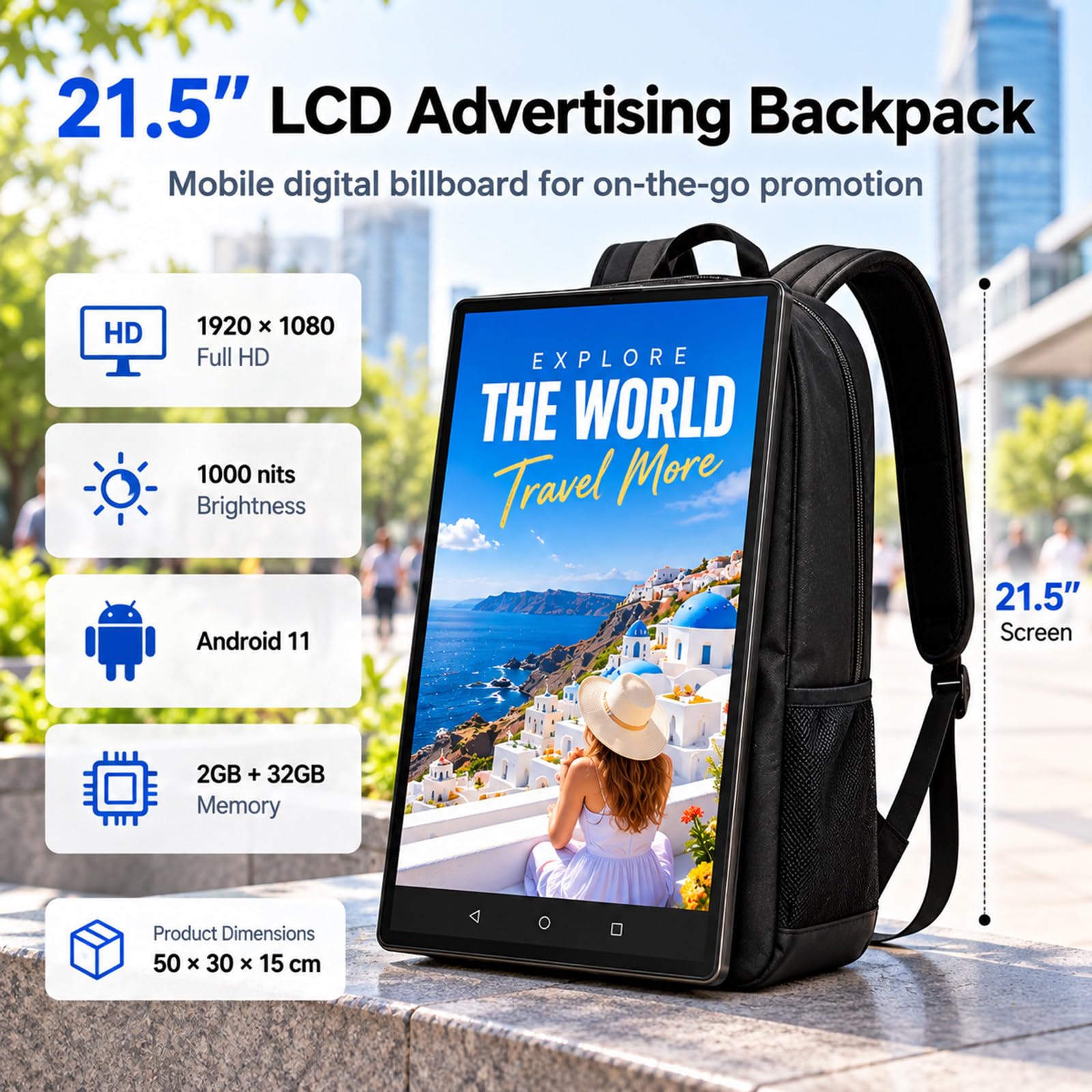 Mochila Publicitaria IP65 21,5 Pulgadas, Pantalla LCD Full HD 1000 Nits, Wi-Fi CMS, Reproducción Automática, USB/TF para Exterior, Eventos y Promociones