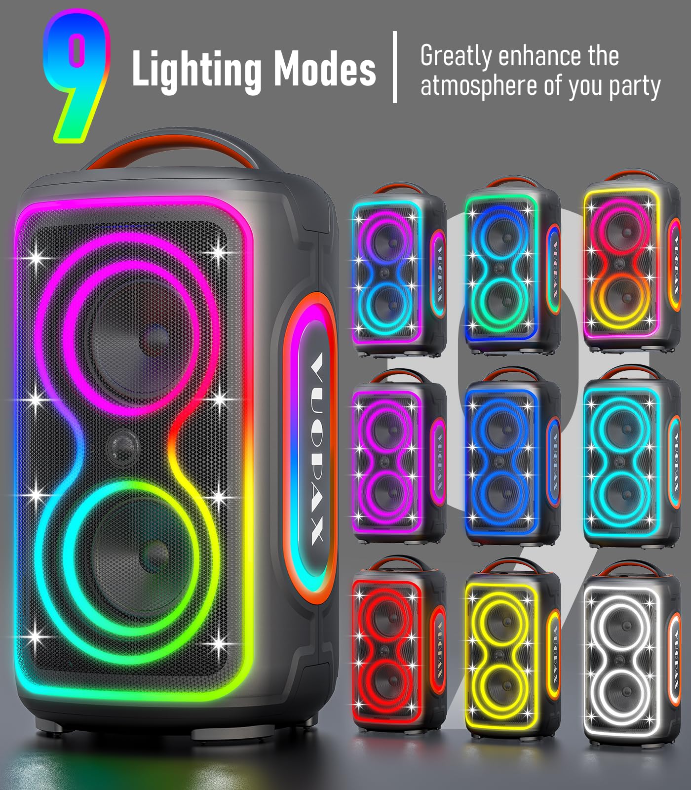 VUOPAX Cassa Bluetooth Potente Portatile, 200W Peak Party Speaker Bluetooth Grande, Rinforzo dei bassi, 24H, BT5.4, Luci LED, TWS/USB/TF/AUX/MIC, Altoparlante Bluetooth per Party, Campeggio