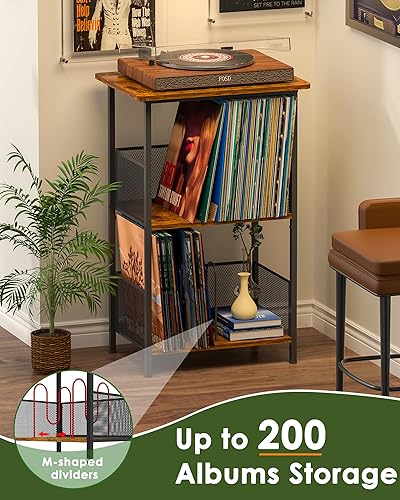 Miniatura 3 de Tocadiscos con soporte para hasta 200 álbumes, mesa de almacenamiento de vinilo con escritorio de madera extendido, soporte para tocadiscos para