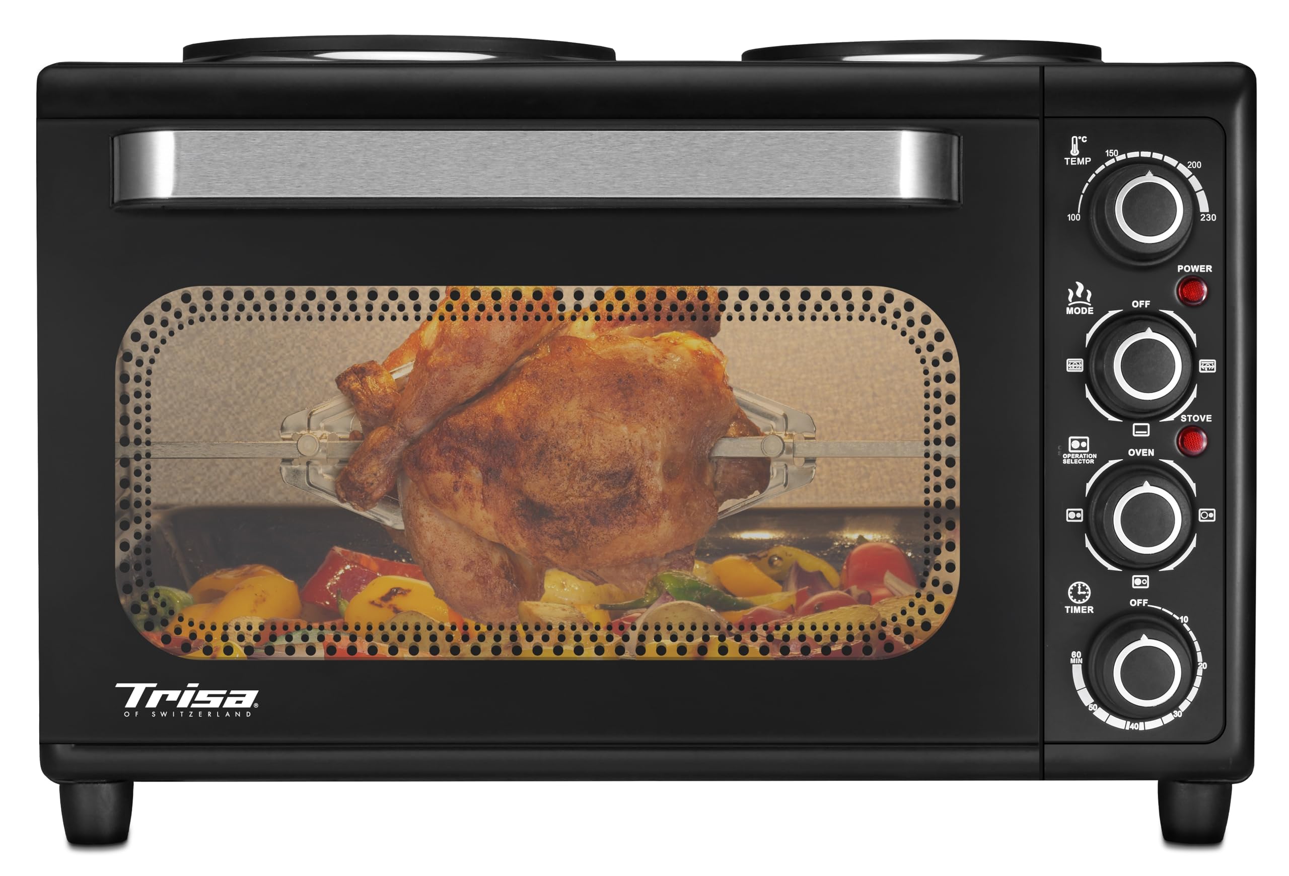 Trisa Mini Backofen 30L mit 2 Kochplatten & Drehspieß, Tischbackofen, 230°C | 30L Mini-Backofen, 2 integrierte Kochplatten, Inkl. Rotisserie-Drehspieß, 60-Min-Timer, Ober-/Unterhitze