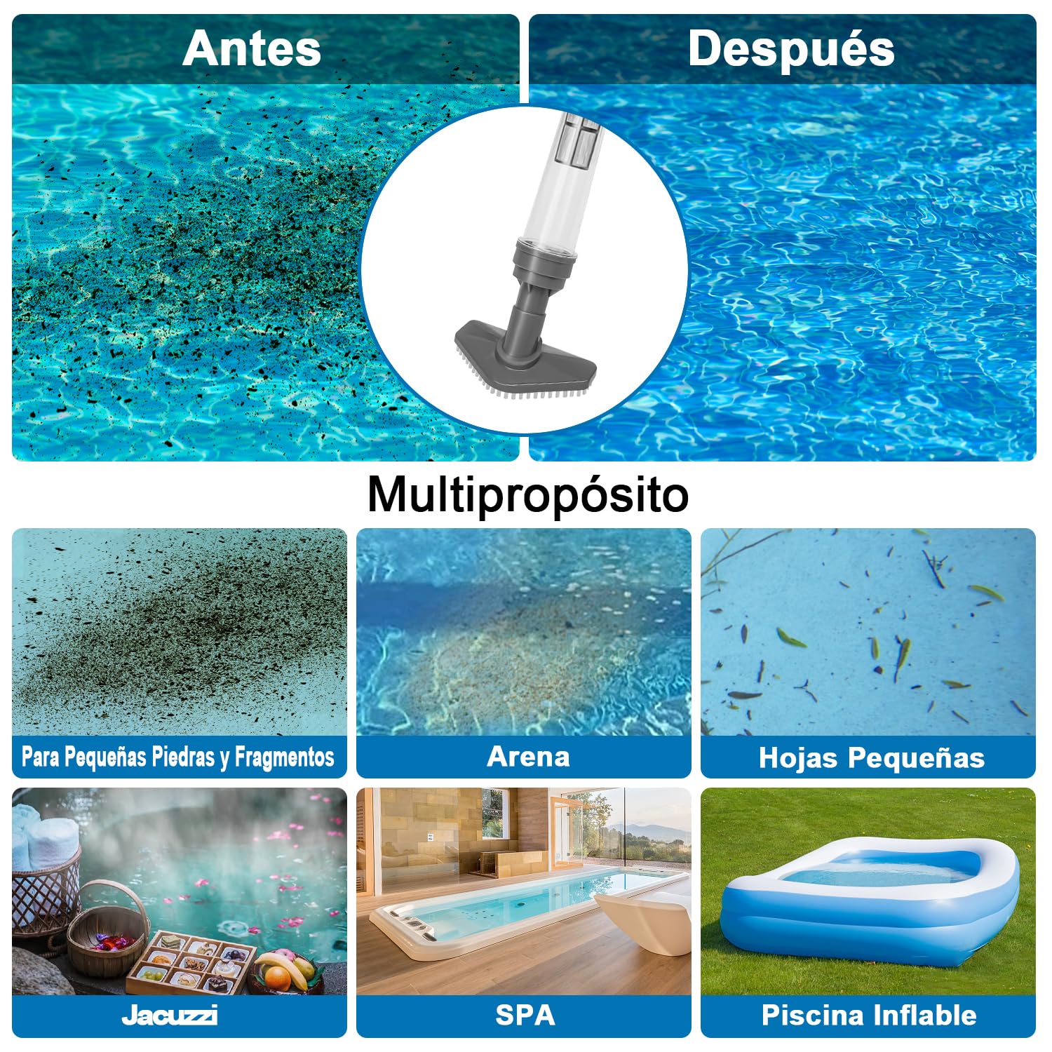 3 en 1 Limpiafondos de Piscina Electrico, Aspirador de Piscina Manual, Inalámbrico con Batería Recargable para Spas, Piscinas Pequeñas - Tiempo de Ejecución 90 Minutos, Gris