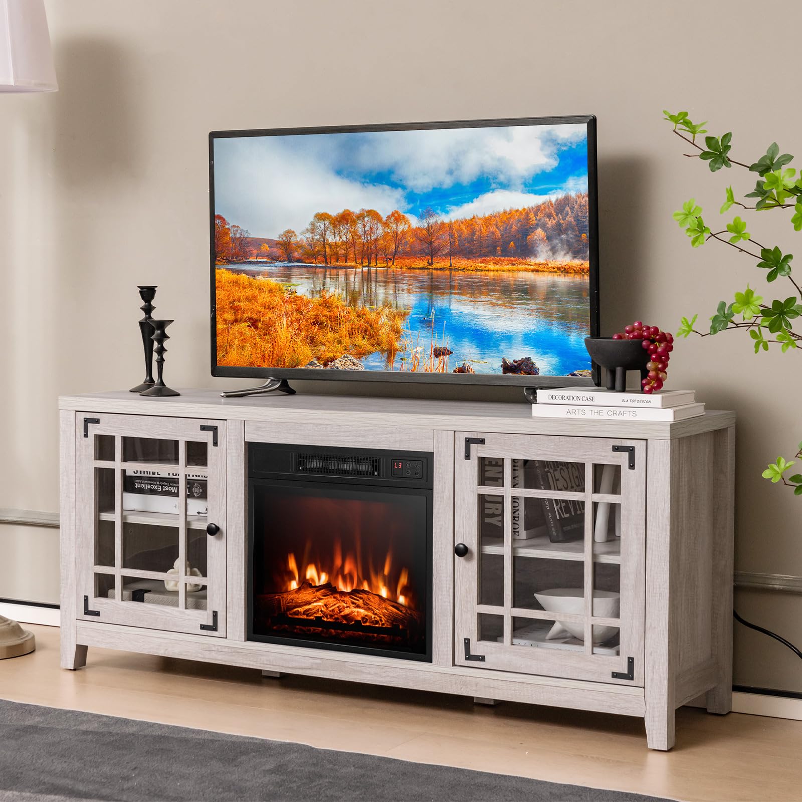Tangkula Fireplace TV Stand for 65 Inches TV, 58” TV Console with 1400W Electric Fireplace, Adjustable Shelves, Remote Control, 3-Level Flame Brightness, for Living Room, Bedroom