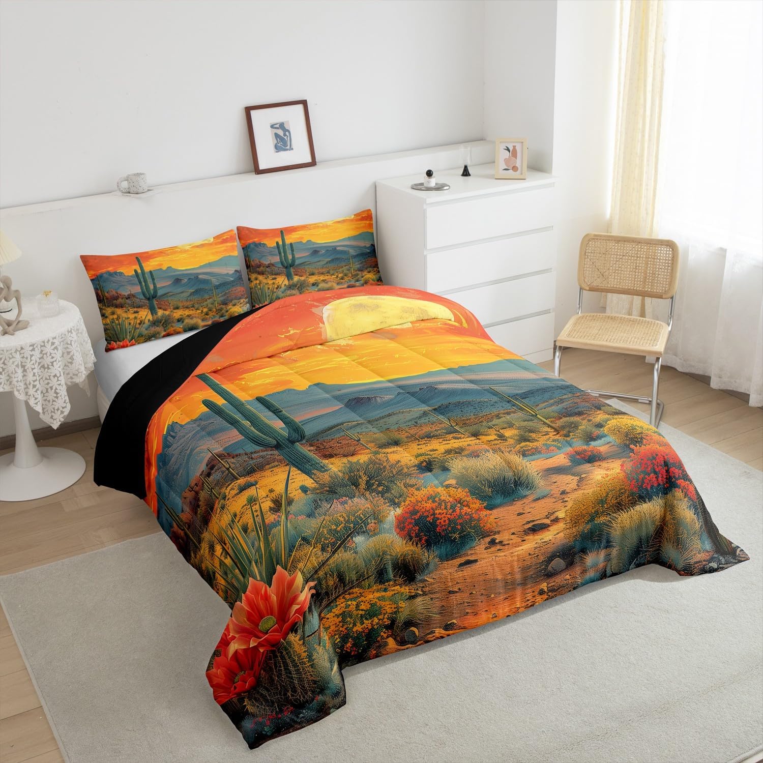 Erosebridal Sunset Cactus Comforter Set Queen Size, Rustic Desert Plants Bedding Comforter Sets, Petals Flowers Duvet Insert for Boys Teens, Retro Down Comforter for Room Decor with 2 Pillow Cases