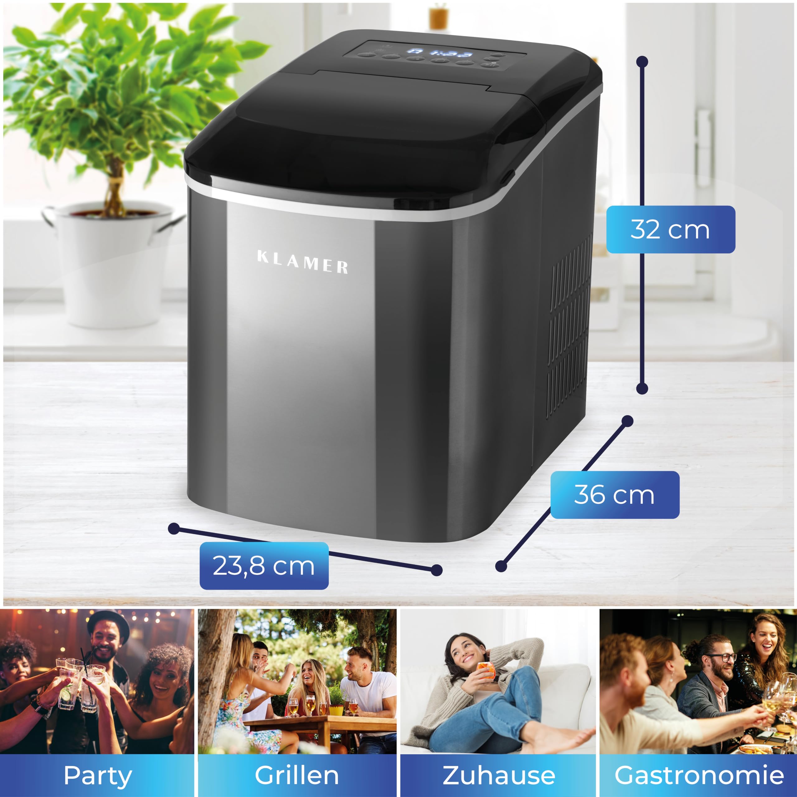 KLAMER Eiswürfelmaschine klein 10 Eiswürfel in 7 Min 15 kg pro Tag leiser Ice Maker Timer schwarz