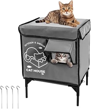 Cat House Outdoor, Indestructible Elevated Feral Cat Shelter Weatherproof with Escape Door,Outside Waterproof Insulated Strayed Cat House for WinterGray