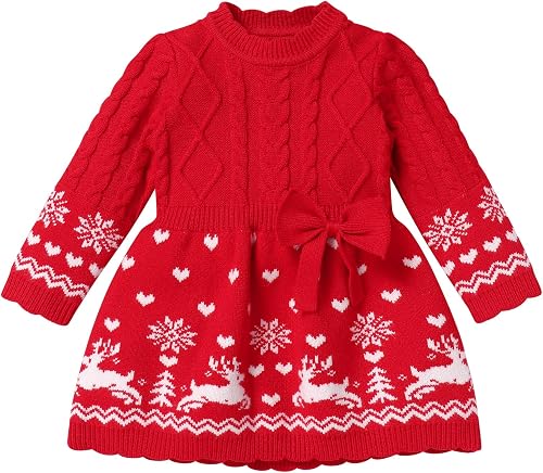 IDOPIP Infant Girls Knit Sweater Dress Baby Christmas Pullover Ribbed Long Sleev