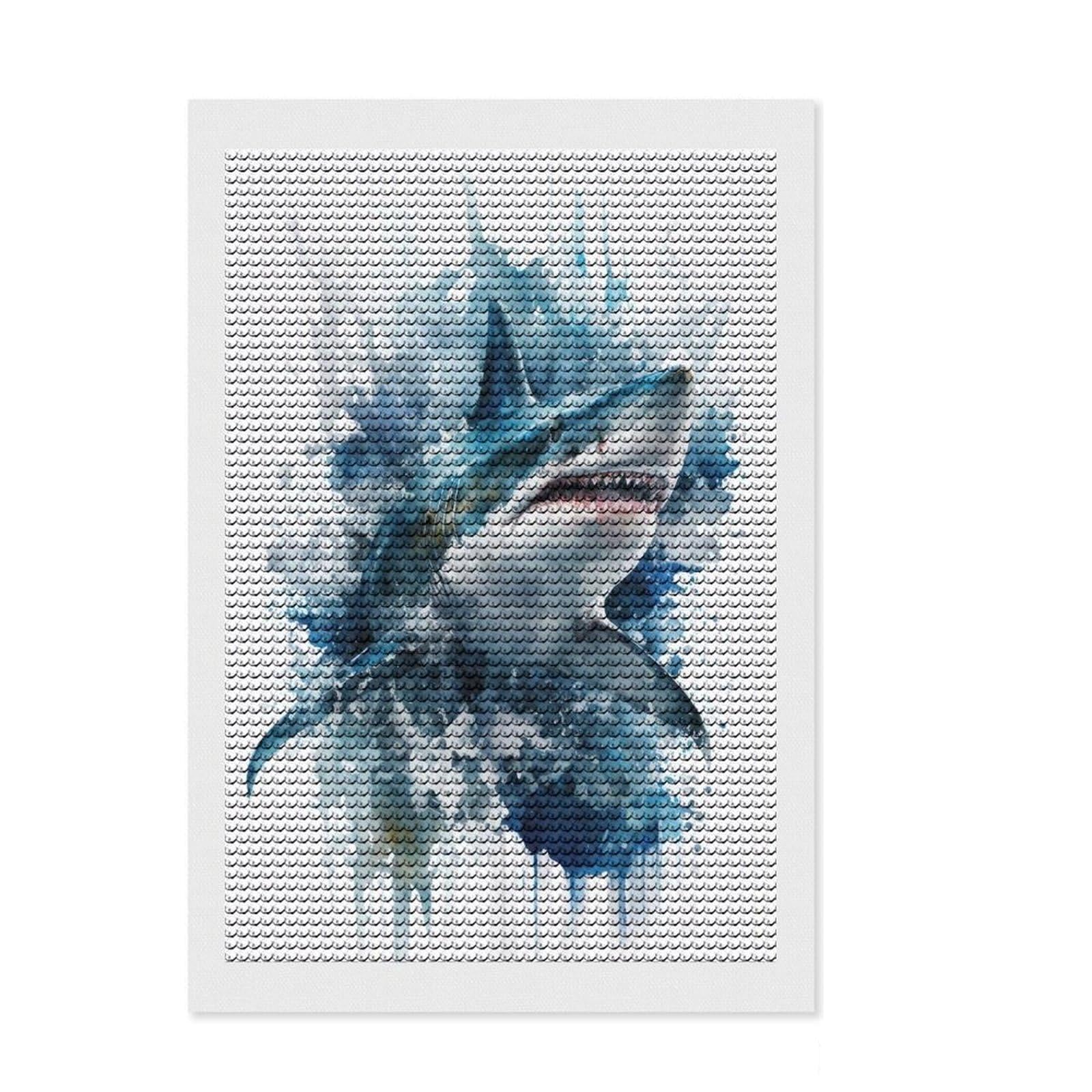 Junmoney Shark Frenzy in Watercolor Diamond Painting Kit 8"x12", Full Kit Included, Calming Craft to Unwind, Office Decor, Gift Idea, Easy to Enjoy