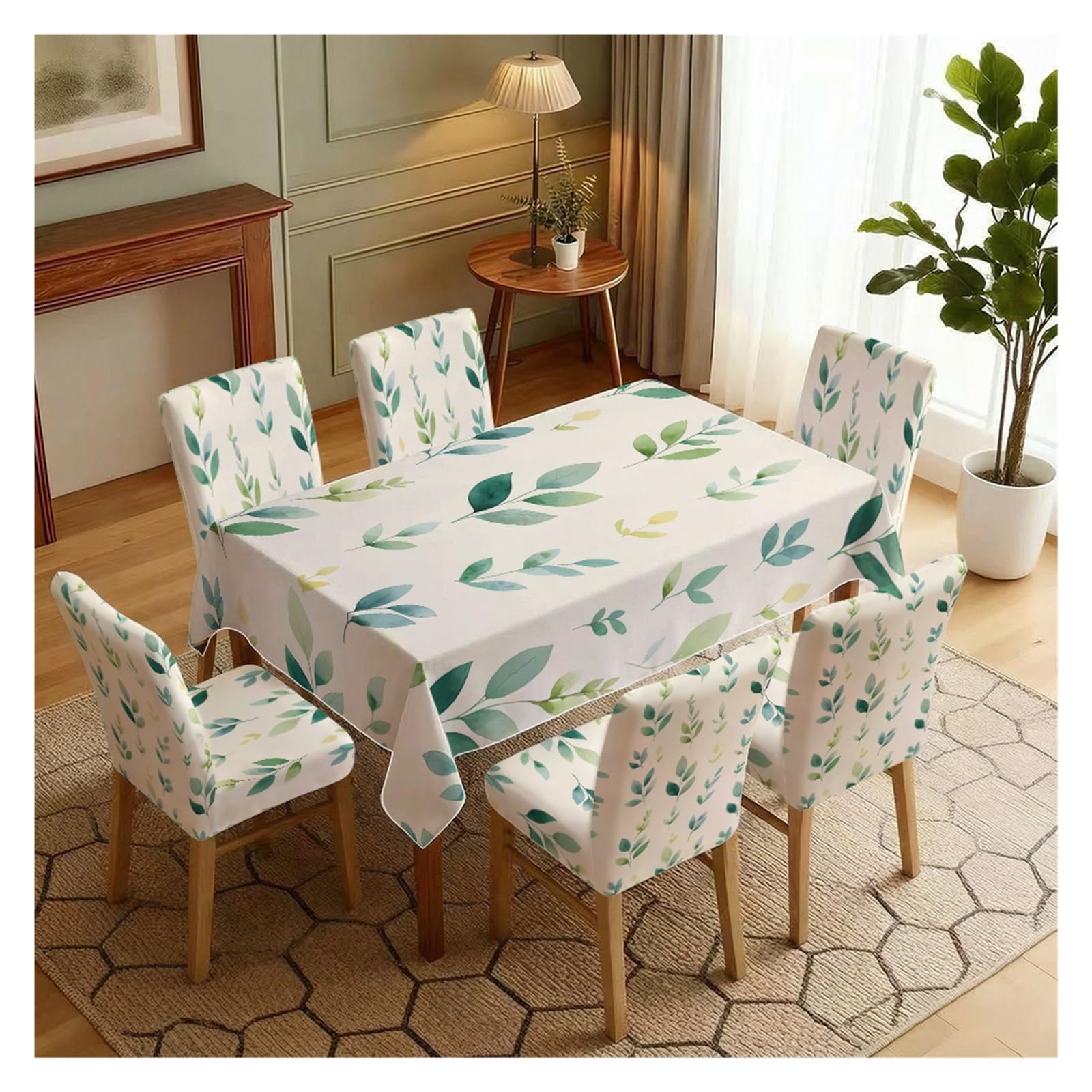 KXUAUV Soft Watercolor Sage Green Leaf Dining Tablecloth & Chair Covers Set, 5/7 Piece Minimal Fresh Boho Cottage Farmhouse Dining Decor Party Decor(7pcs Set: Tablecloth+Chair Covers)