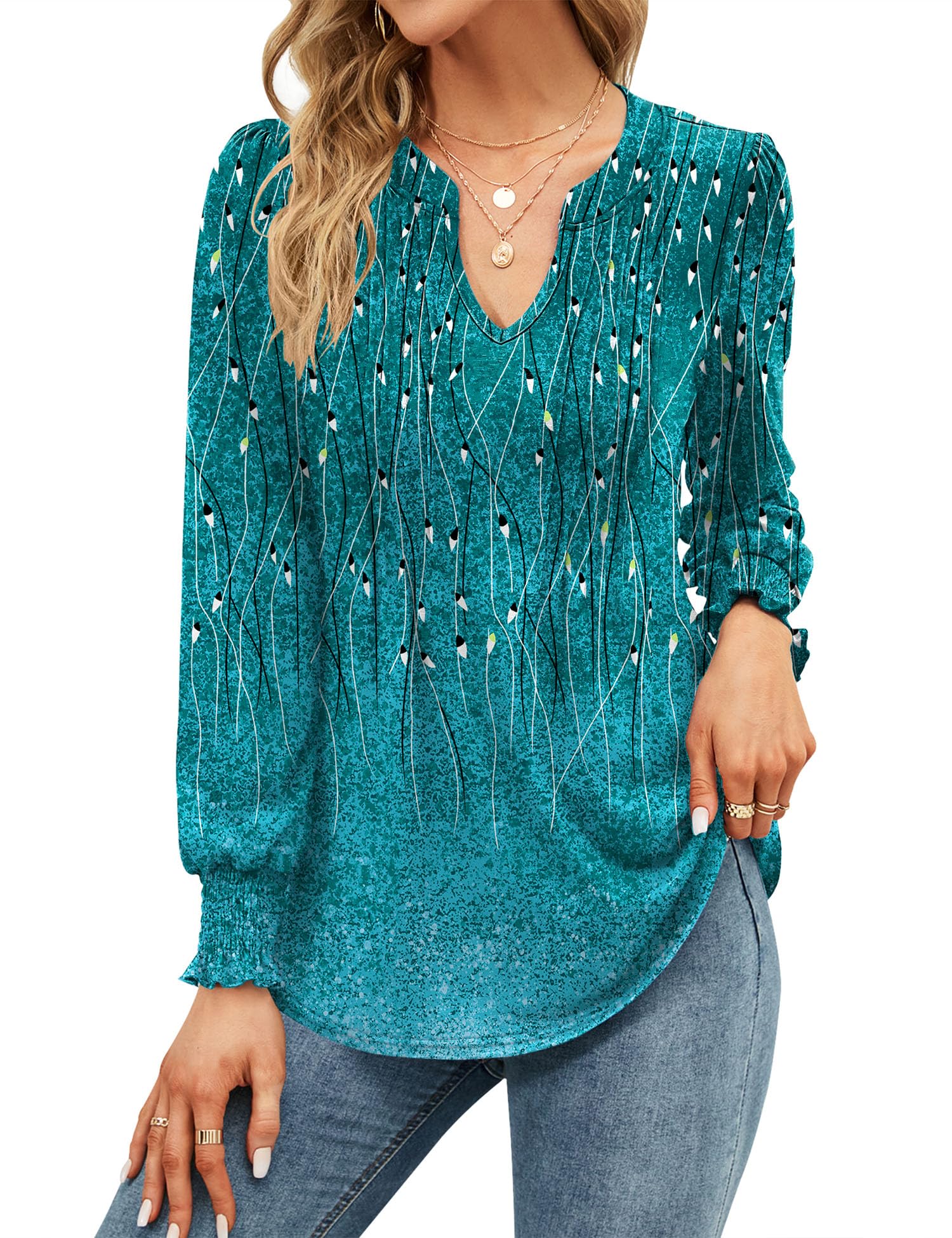 Womens V Neck Tops Puff Short Sleeve T-Shirt Pleated Floral Printed Tunic Blouse Shirts — view 43