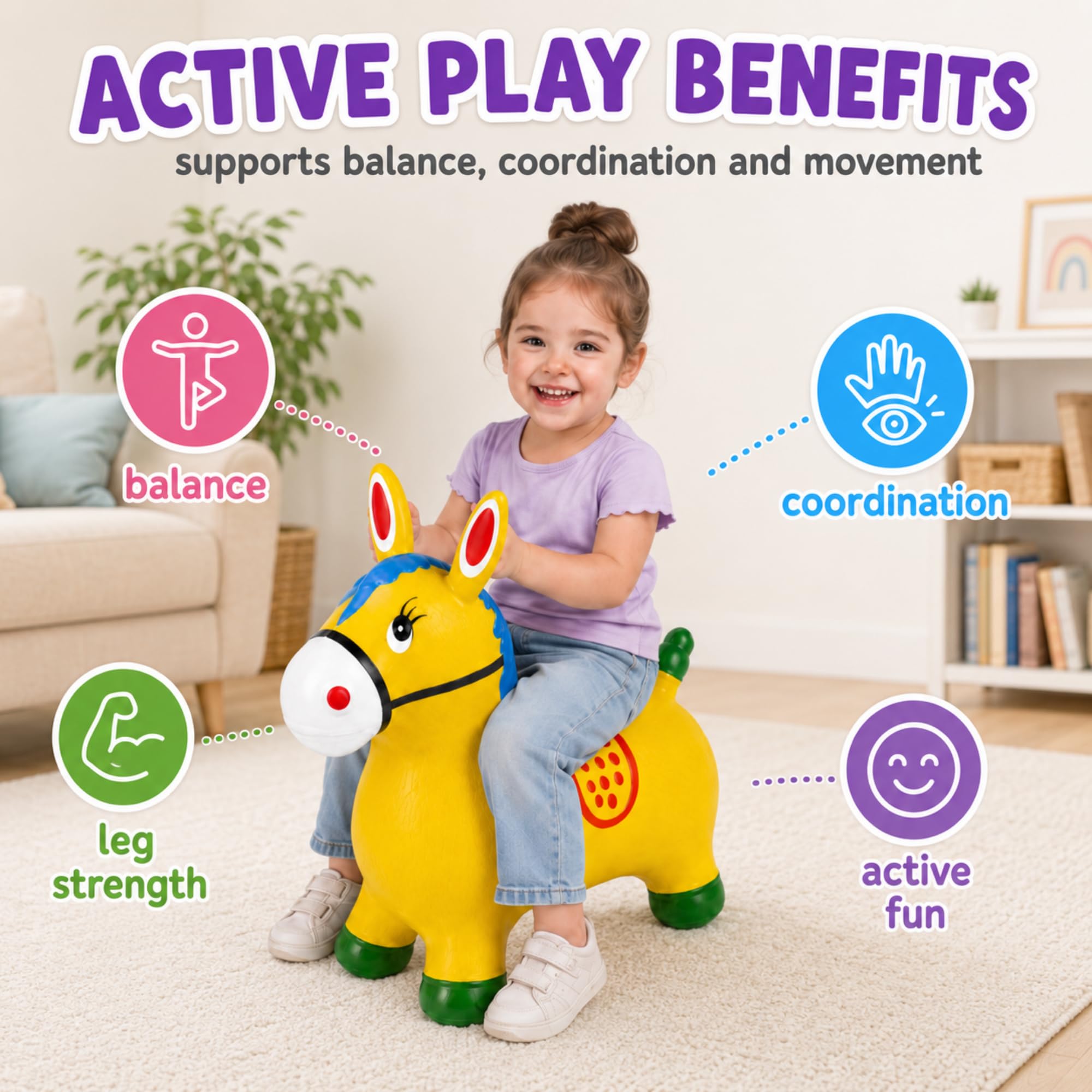 MAGIC SELECT Hüpftier für Kinder, Bunter Esel-Hüpfer zum Reiten und Springen, Spielzeug für Drinnen und Draußen