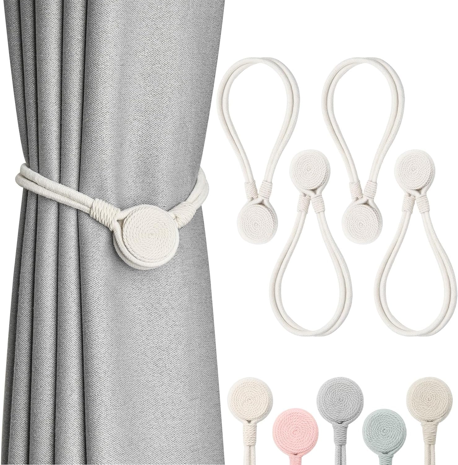 NALACAL Strong Magnetic Curtain Tiebacks, Wooden Medal Shape Decorative Drape Tie Backs, Natural Cotton Rope Hand-Woven Curtain Holdbacks, for Home & Office Draperies Decor (Beige) (4 Pack)