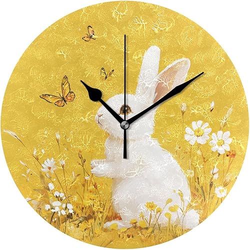 Reloj de pared redondo de conejo de dibujos animados blanco de 10 pulgadas, retro, sin tictac, simple para casa de campo, oficina, hogar, reloj de