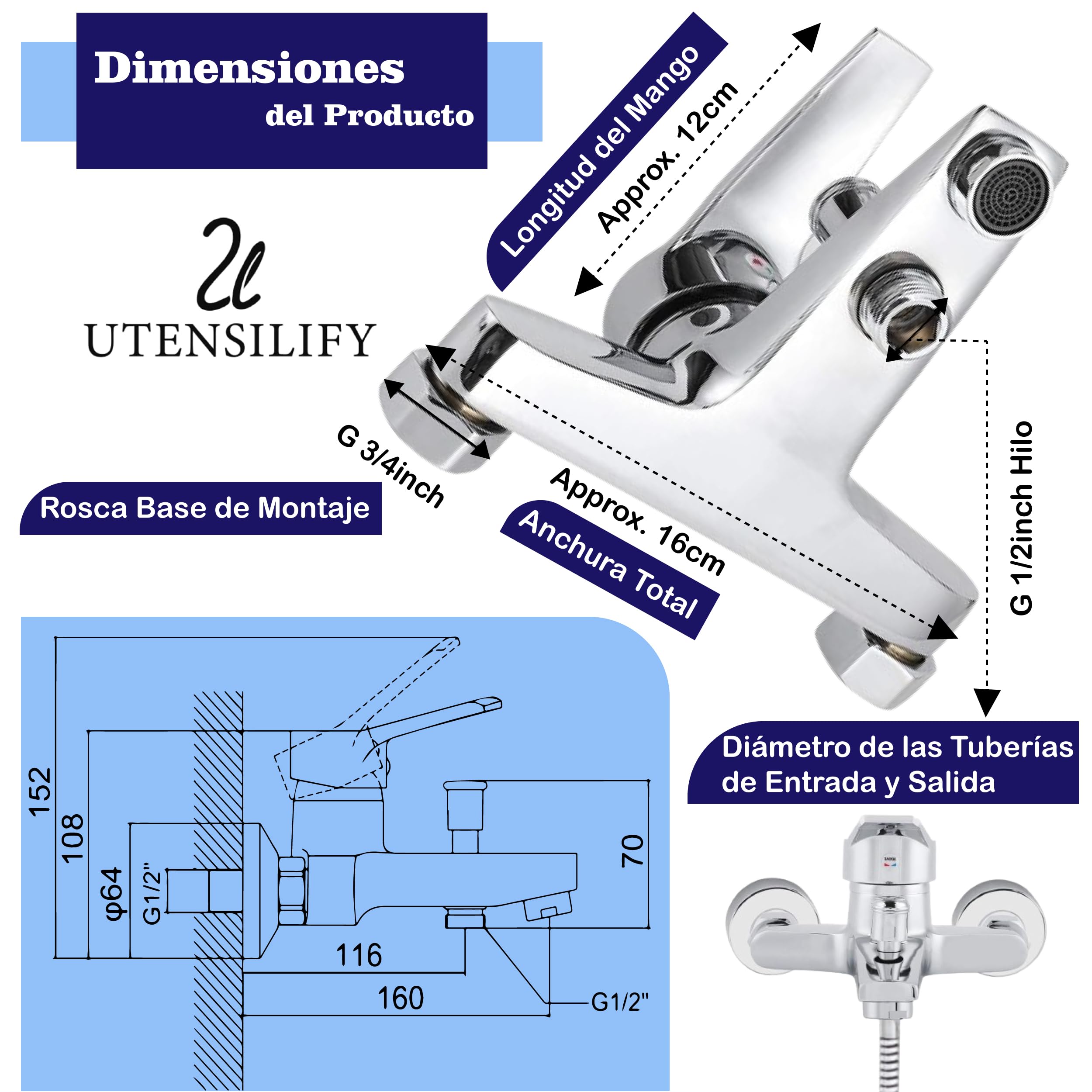 Grifo Ducha UTENSILIFY® Grifo Bañera con Codos para AJUSTAR A DIFERENTES MEDIDAS|Grifos de Ducha|Grifos Baño|Monomando Bañera|grifo Monomando Ducha|Griferia Ducha
