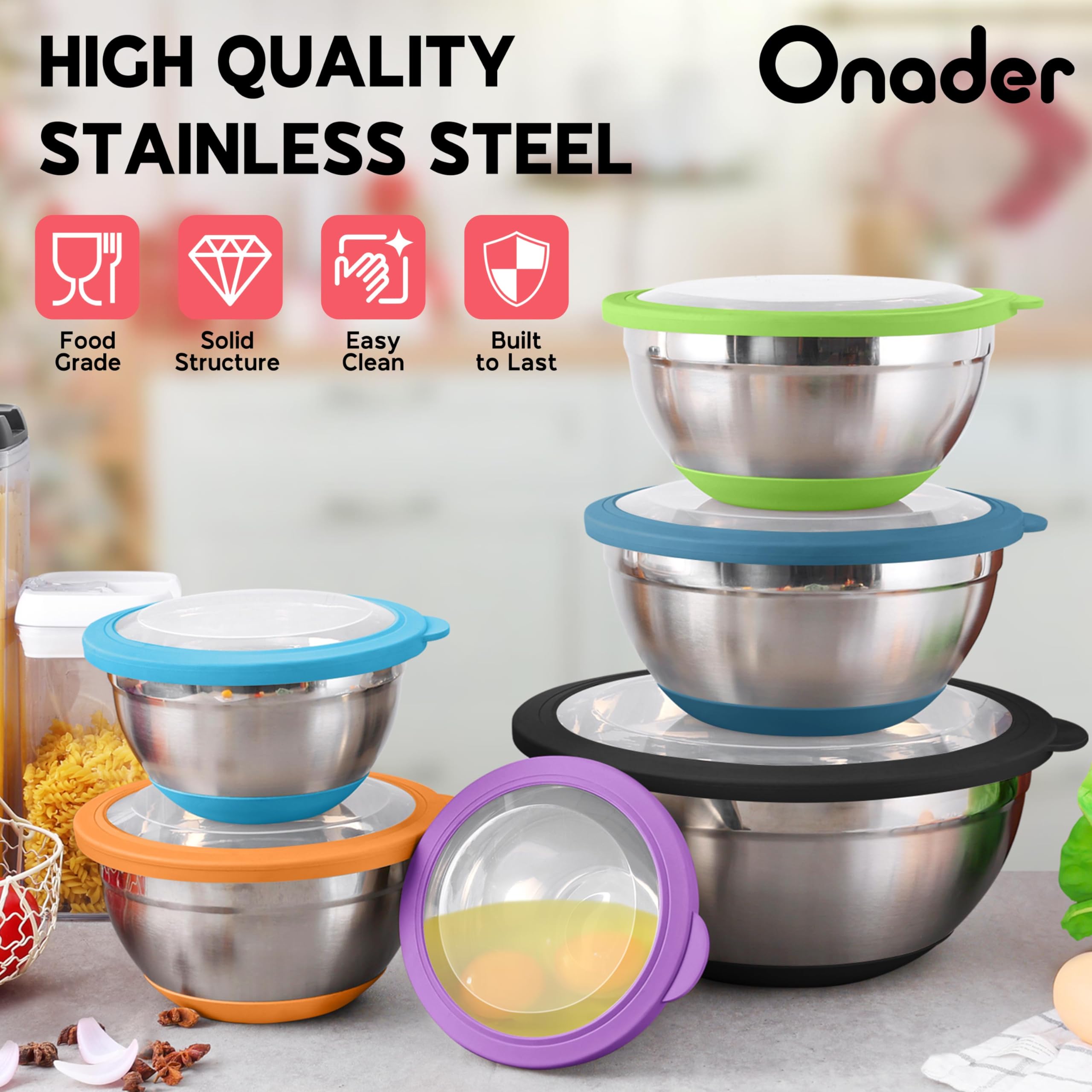 Onader Bunte Rührschüssel-Set mit 6 Stück, für die Küche, große Edelstahl-Rührschüsseln mit luftdichten Deckeln, rutschfest, Größe 1, 1,5, 2, 2,6, 3,5, 7QT