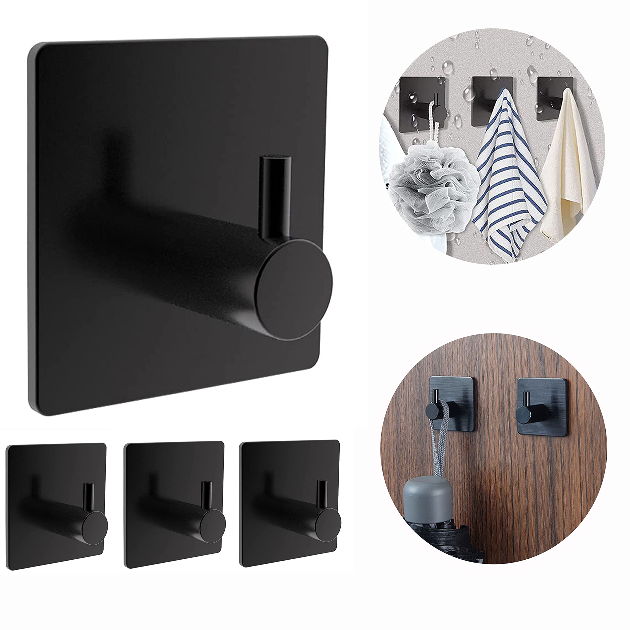 Black Adhesive Hooks 4pcs-Advanced Adhesive Hook for Wall,Heavy Duty Wall Hooks Waterproof Stainless Steel Hooks,Suitable for Home Kitchen Bathroom