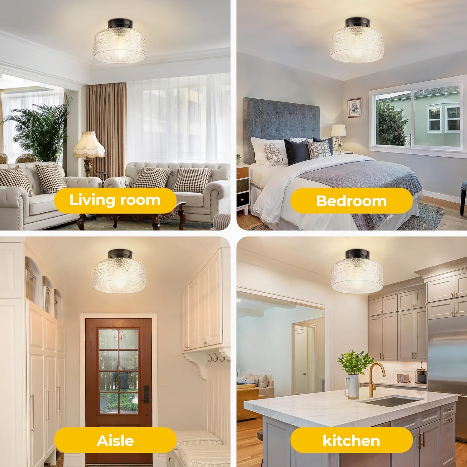 Semi Flush Mount Ceiling Light Black, Upgraded Larger Vintage Glass Pendant Lamp Shade, Modern Farmhouse Light Fixture for Hallway Corridor Kitchen Entryway Bedroom, Bulb Not Included