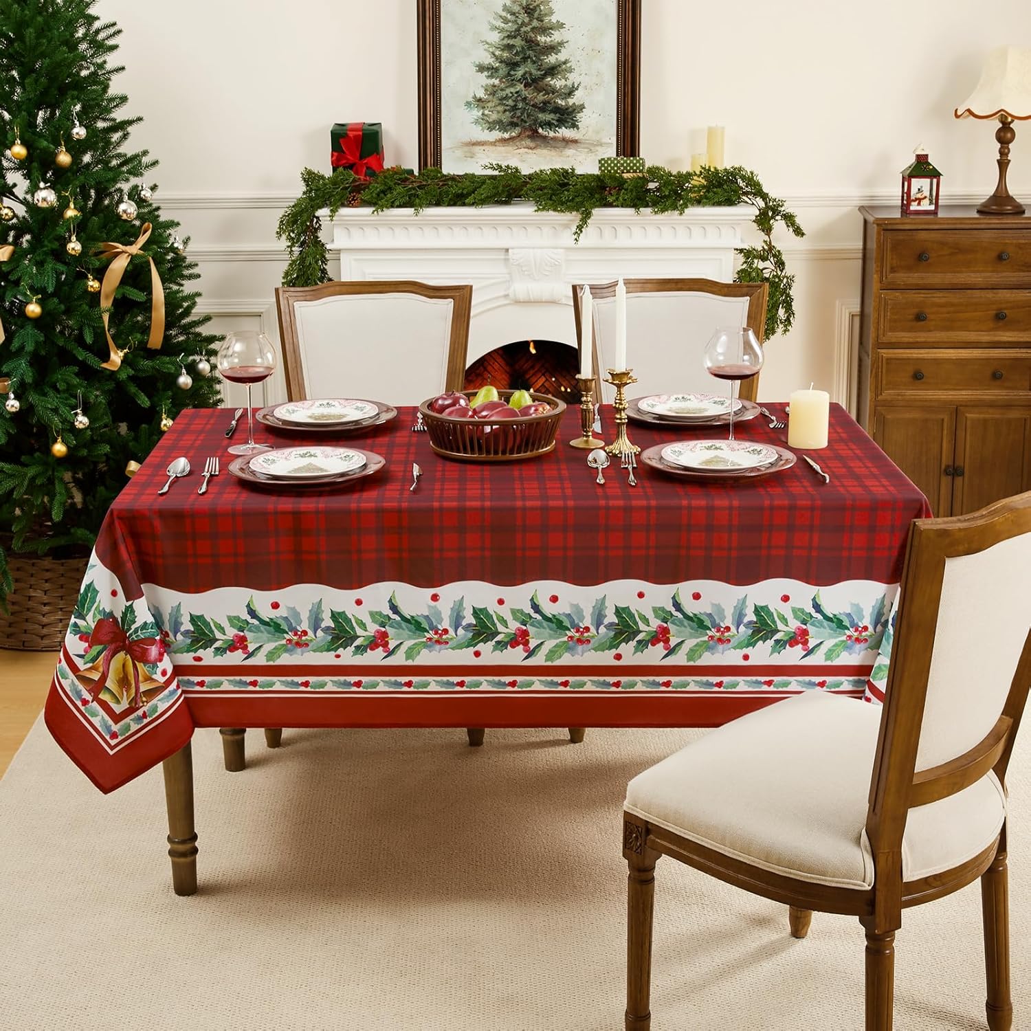 romanstile christmas checkered rectangle tablecloth, winter holly bell table cloth, red buffalo plaid xmas table cover for dining, party, holiday decor - 60 x 102 inch holly-red 60" x 102" (rectangular)