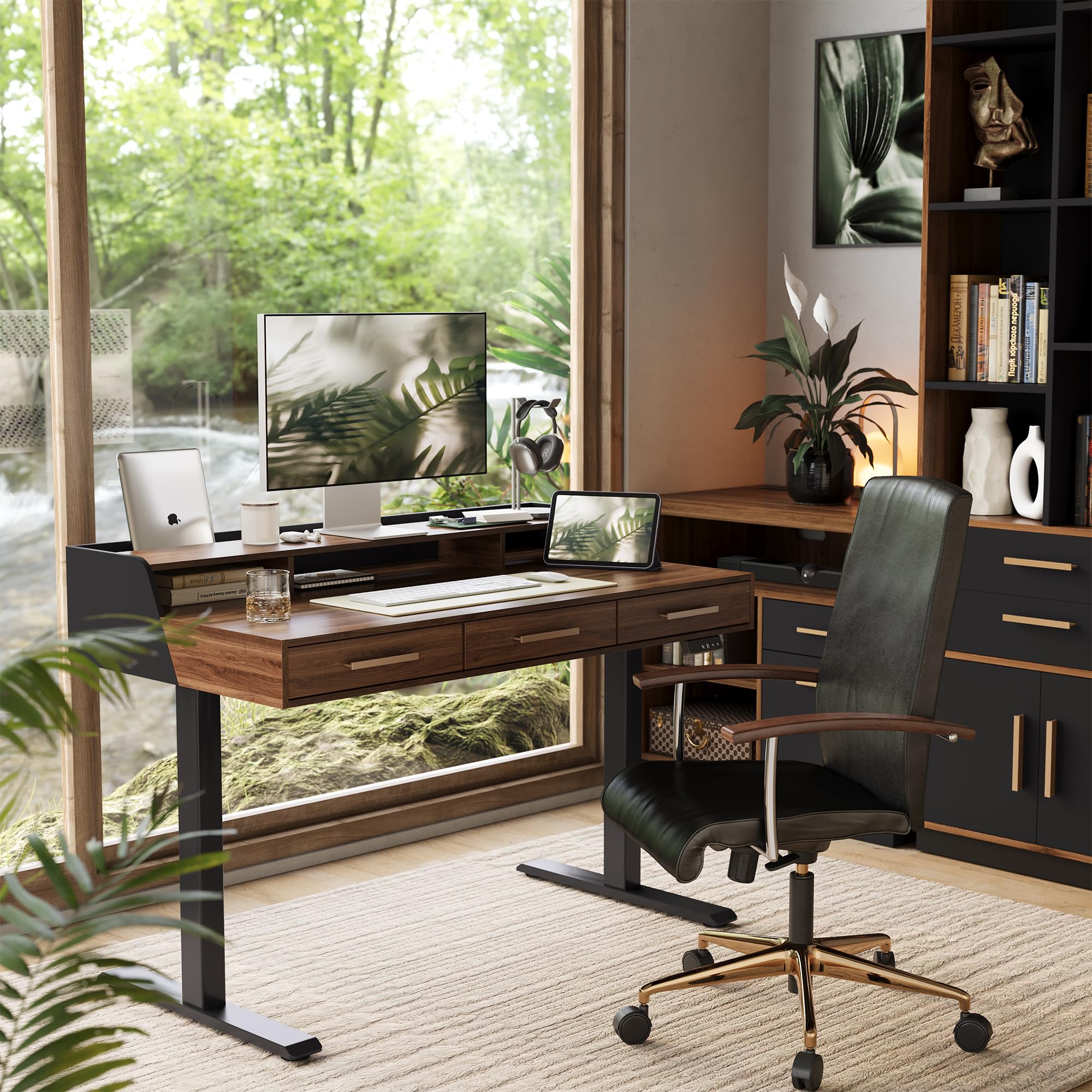 Standing Desk with 3 Drawers, 48 x 26 Inches Height Adjustable Desk with Monitor Shelf, Electric Stand Up Desk with Storage for Home and Office, Black Walnut
