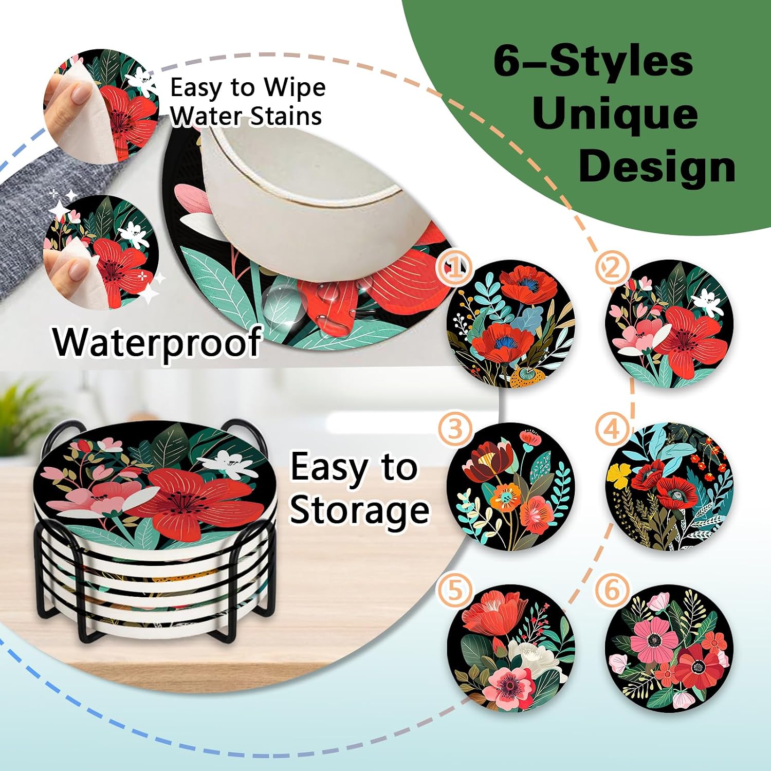 Vintage Floral Ceramic Coasters with Holder Set of 6 image 3