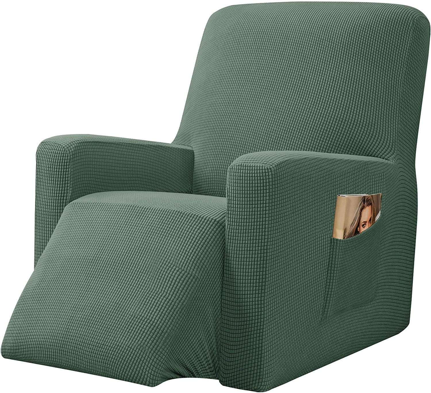 1-Piece Stretch Spandex Jacquard Recliner Chair Slipcovers Sofa Covers Recliner Cover Coat Furniture Protector with Elastic Bottom Side Pocket Fit for Living Room (Grayish Blue)