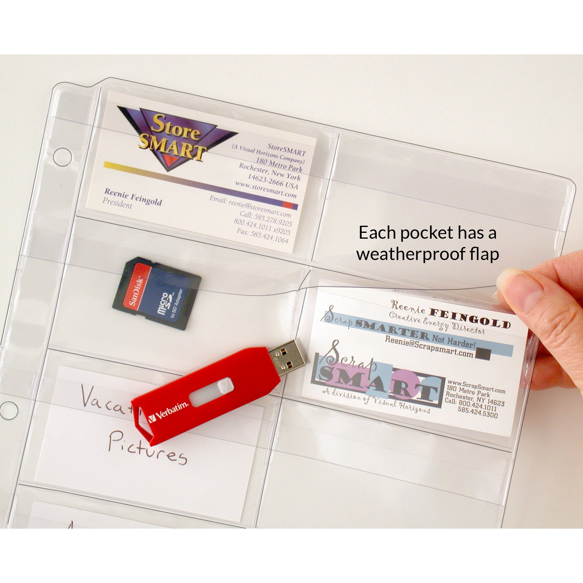 StoreSMART – páginas – Tarjetas de memoria (SD) y tarjetas de visita – con solapa – de plástico para carpetas de anillas – paquete de 10 unidades