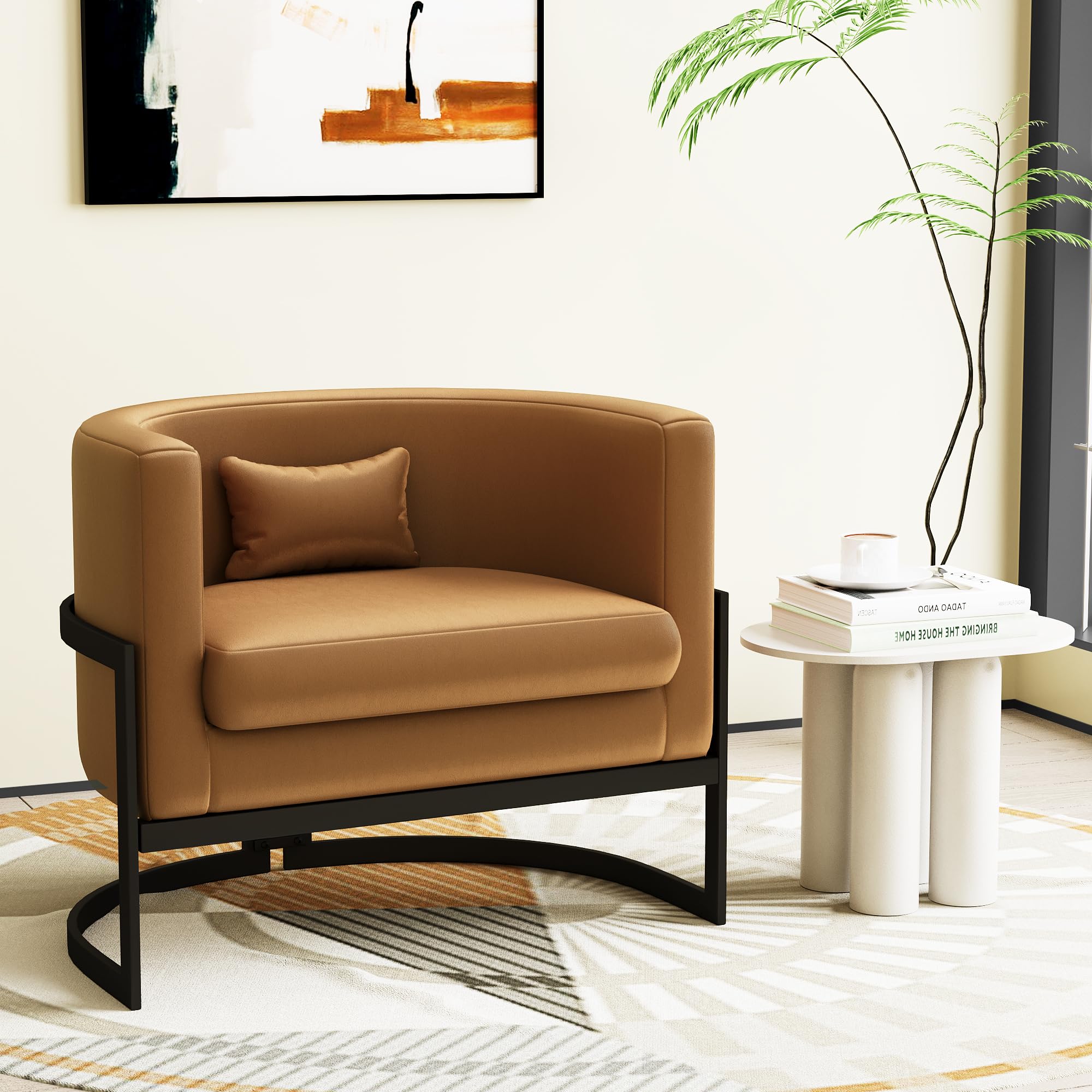 Alunaune Upholstered Modern Living Room Chairs Barrel Accent Chair, Faux Leather Armchair Mid Century Lounge Chair Anti Scratch Sofa Tub Bucket Club