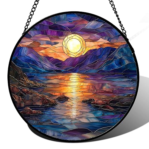 Stained Glass Window Hanging - Blue Purple Lake View Suncatcher