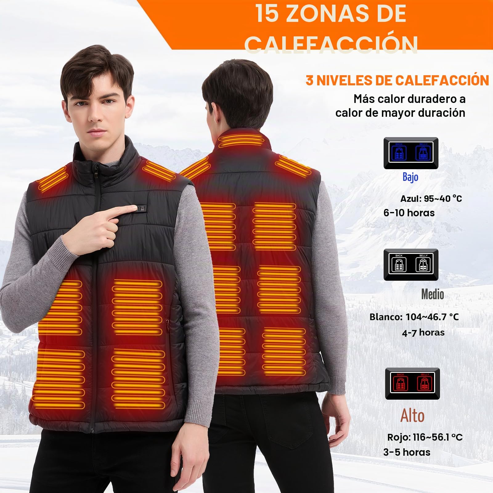 Amiable Chaleco Calefactable Hombre, Chaqueta Calefactable Hombre con 15 Zonas, Chaleco Termico Electrico con batería recargable de 10000 mAh, Ropa Calefactable Chaleco Calefactor para Moto Caza