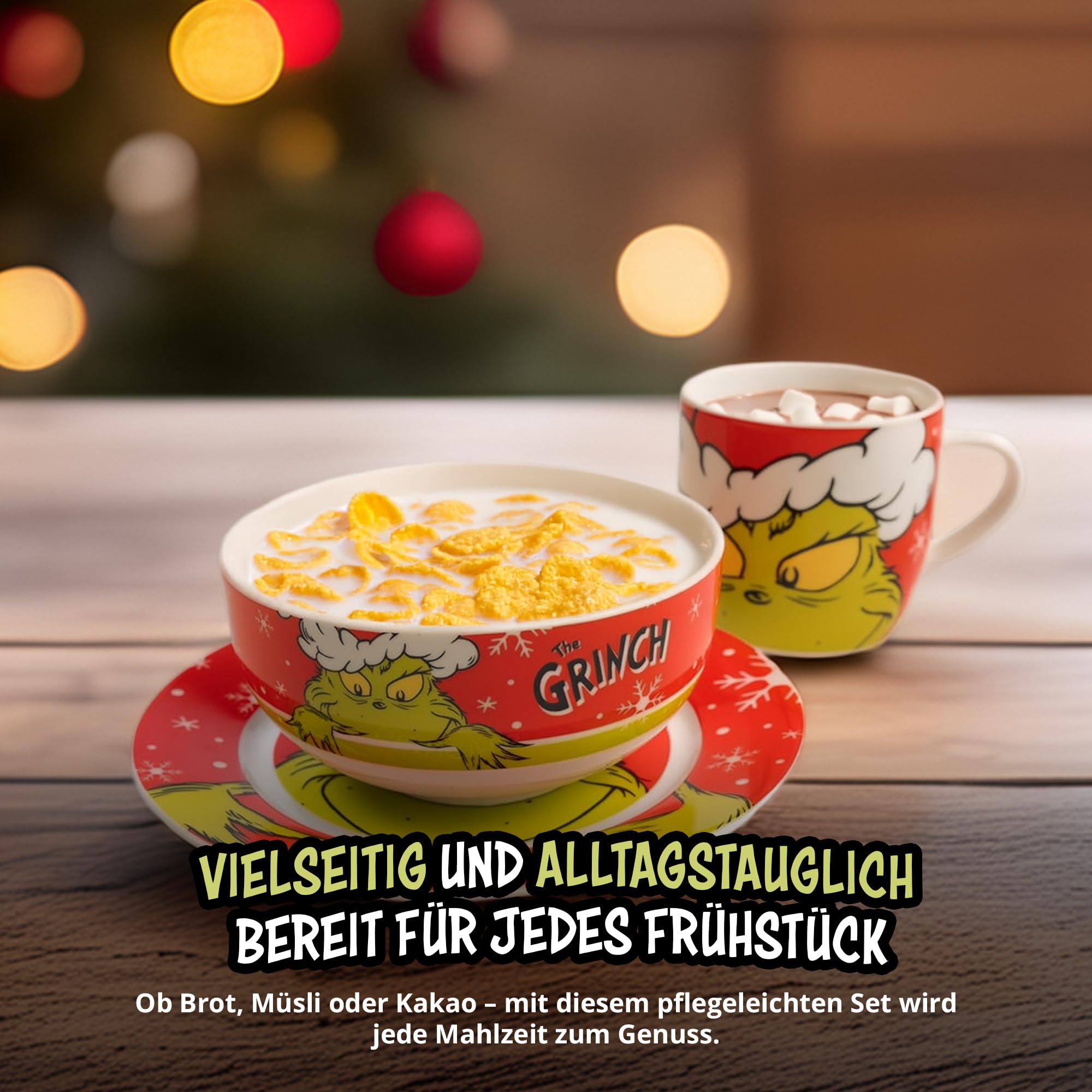 United Labels Grinch 3-teiliges Frühstücksset Merry Grinchmas, Rot, Geschirr Set aus Porzellan mit Teller 19 cm, Tasse 220 ml und Schale 330 ml