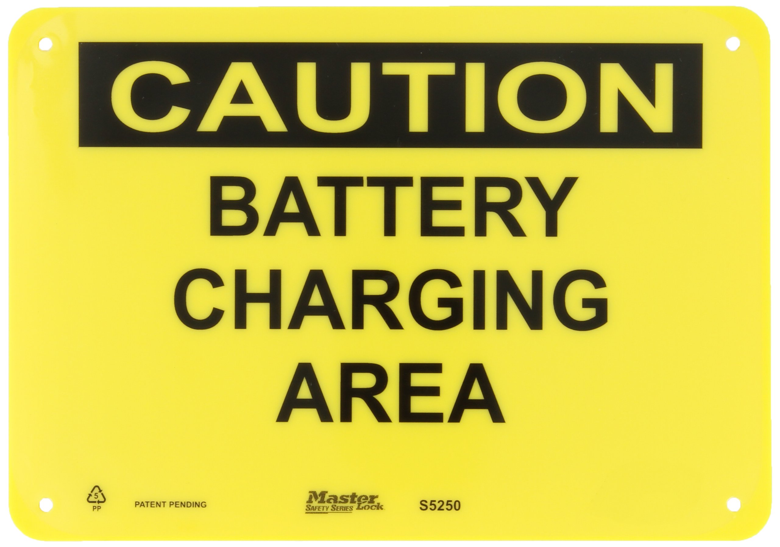 Master Lock S5250 10" Width x 7" Height Polypropylene, Black on Yellow Safety Sign, Header "Caution", Legend "Battery Charging Area"
