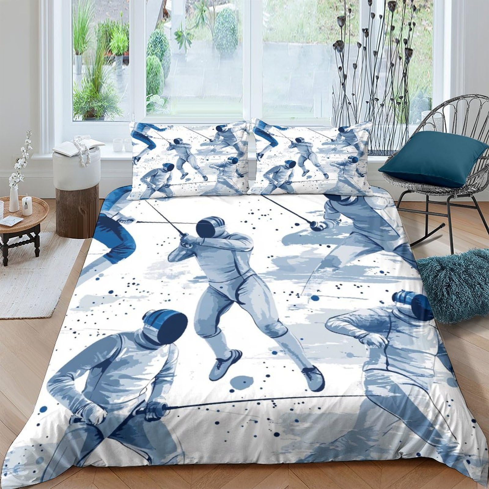 Ctjqhvkz Style-4 3D Printed Fencing Art Fitted Sheet Microfiber Soft Blue Sports Athlete Mattress Cover For Bedroom Dorm Decor Single（135X200cm）