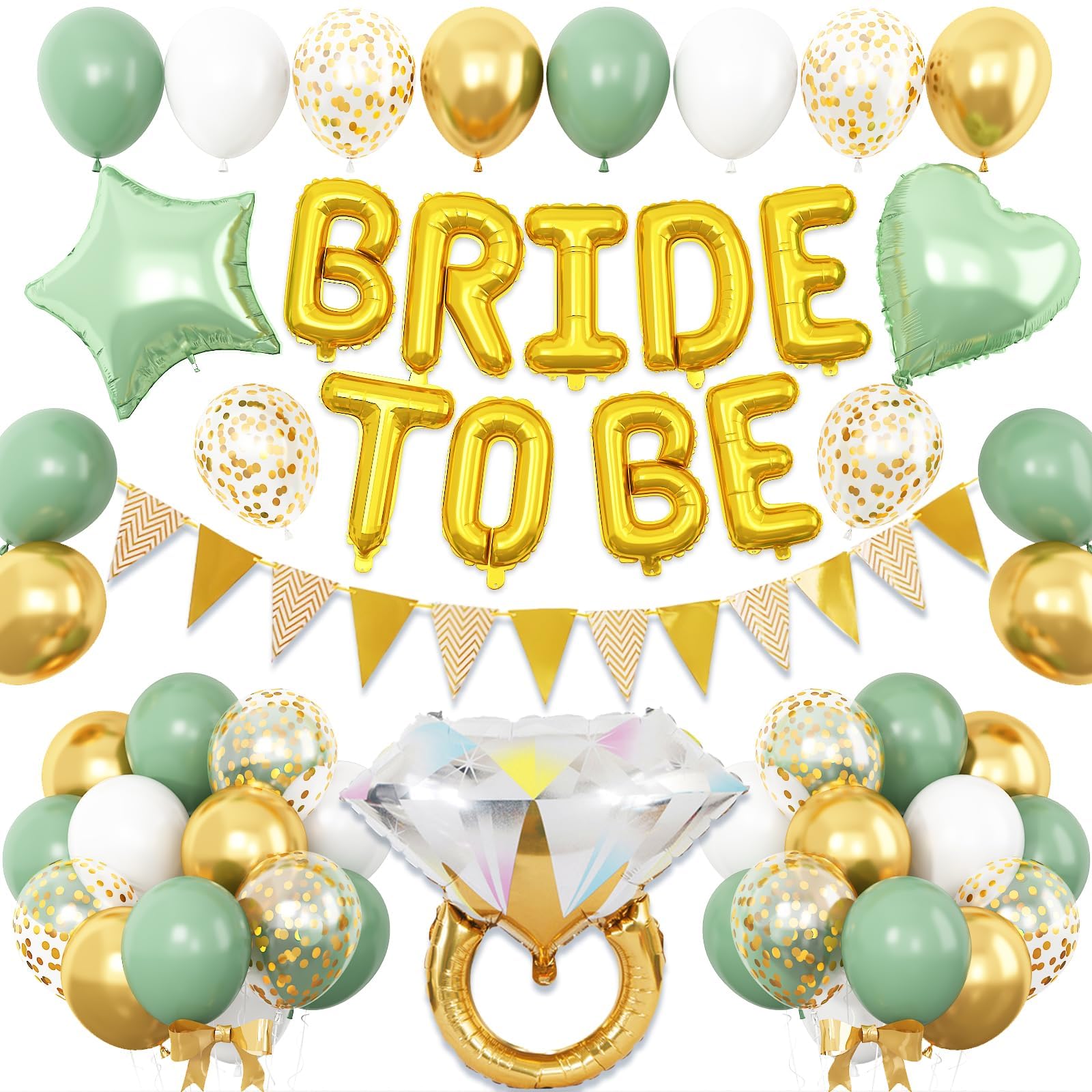 Sage Green Bachelorette Party Decorations, Gold Bride To Be Bridal Shower Balloons Decorations, Green Gold and White Balloons with Diamond Ring Star