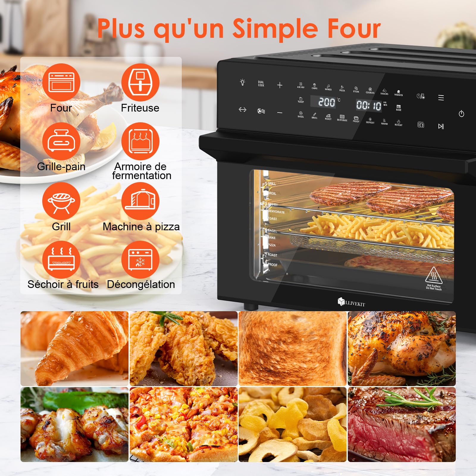 LLIVEKIT 30L Friteuse sans Huile avec Tournante Rôtissoire, 9 Accessoires | Air Fryer XXL 20 Programmes, Friteuse sans Huile avec Écran Tactile LED, Mini Four avce Livre de Recettes, 80°C-230°C